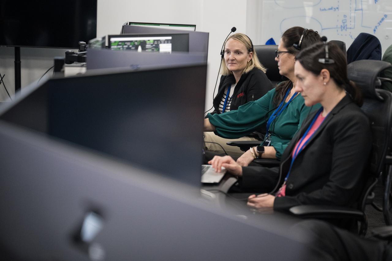 Katie Maynard, technical assistant to the Chief Flight Director, left, and Emily Nelson, NASA's chief flight director, second from left, monitor the countdown during a dress rehearsal in preparation for the launch of a SpaceX Falcon 9 rocket carrying the company's Dragon spacecraft on NASA’s SpaceX Crew-8 mission with NASA astronauts Matthew Dominick, Michael Barratt, Jeanette Epps, and Roscosmos cosmonaut Alexander Grebenkin onboard, Monday, Feb. 26, 2024, in the control room of SpaceX’s HangerX at NASA’s Kennedy Space Center in Florida. NASA’s SpaceX Crew-8 mission is the eighth crew rotation mission of the SpaceX Dragon spacecraft and Falcon 9 rocket to the International Space Station as part of the agency’s Commercial Crew Program. Dominick, Barratt, Epps, and Grebenkin are scheduled to launch at 12:04 a.m. EST on Friday, March 1, from Launch Complex 39A at the Kennedy Space Center. Photo Credit: (NASA/Aubrey Gemignani)