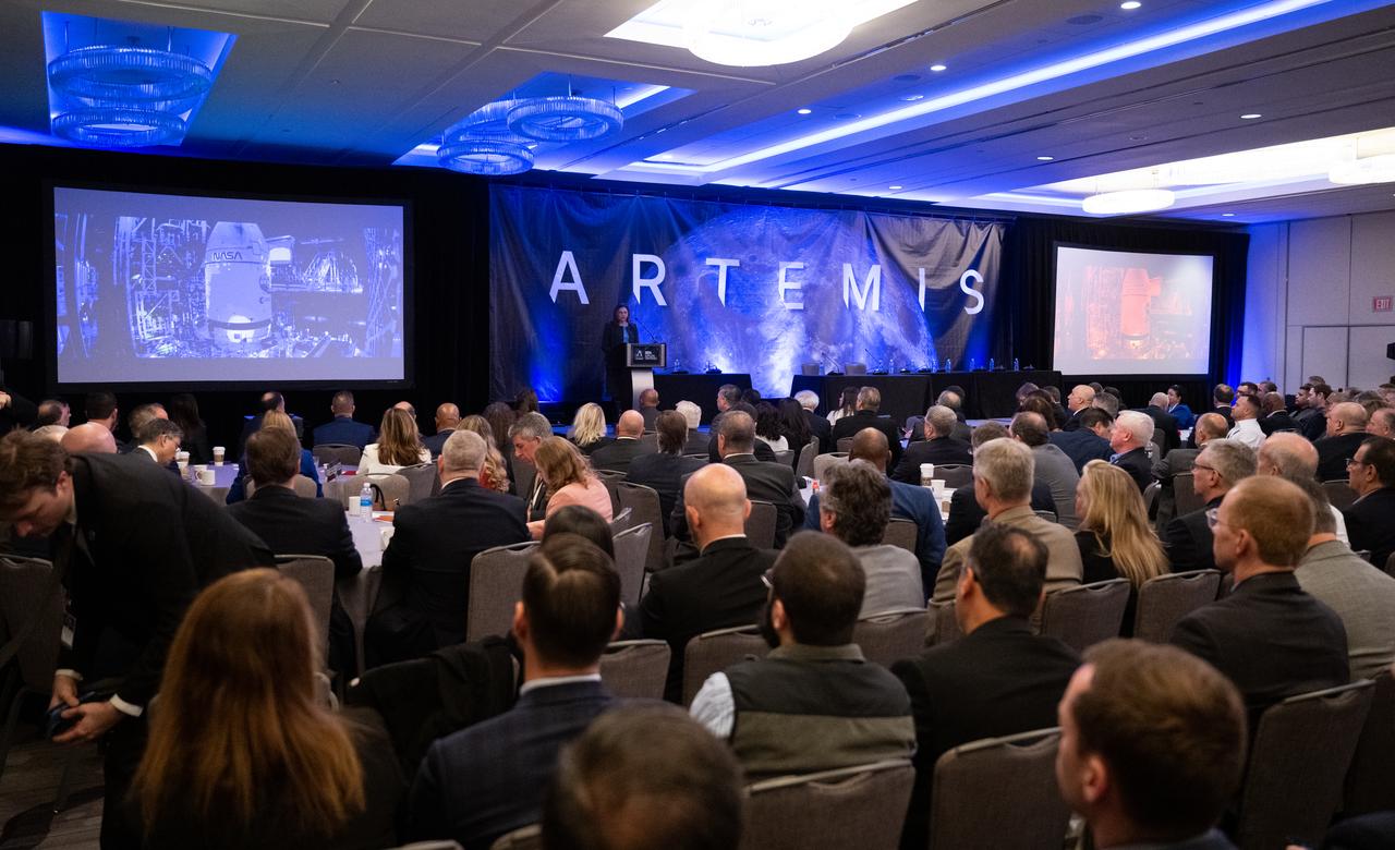 Catherine Koerner, associate administrator for NASA’s Exploration Systems Development Mission Directorate, speaks during the 2024 Artemis Suppliers Conference, Tuesday, Feb. 27, 2024, at the Grand Hyatt Hotel in Washington.  Photo Credit: (NASA/Joel Kowsky)