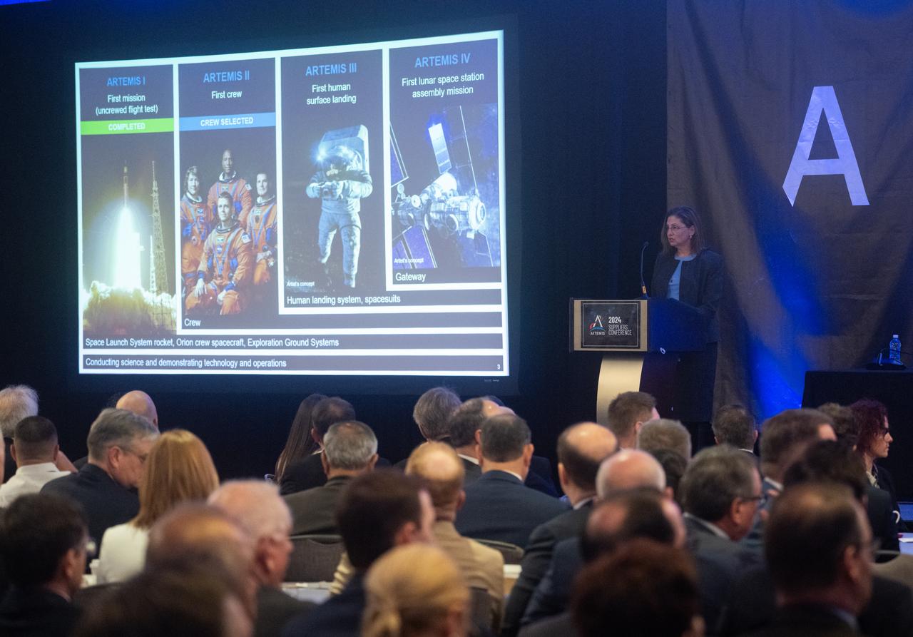 Catherine Koerner, associate administrator for NASA’s Exploration Systems Development Mission Directorate, speaks during the 2024 Artemis Suppliers Conference, Tuesday, Feb. 27, 2024, at the Grand Hyatt Hotel in Washington.  Photo Credit: (NASA/Joel Kowsky)