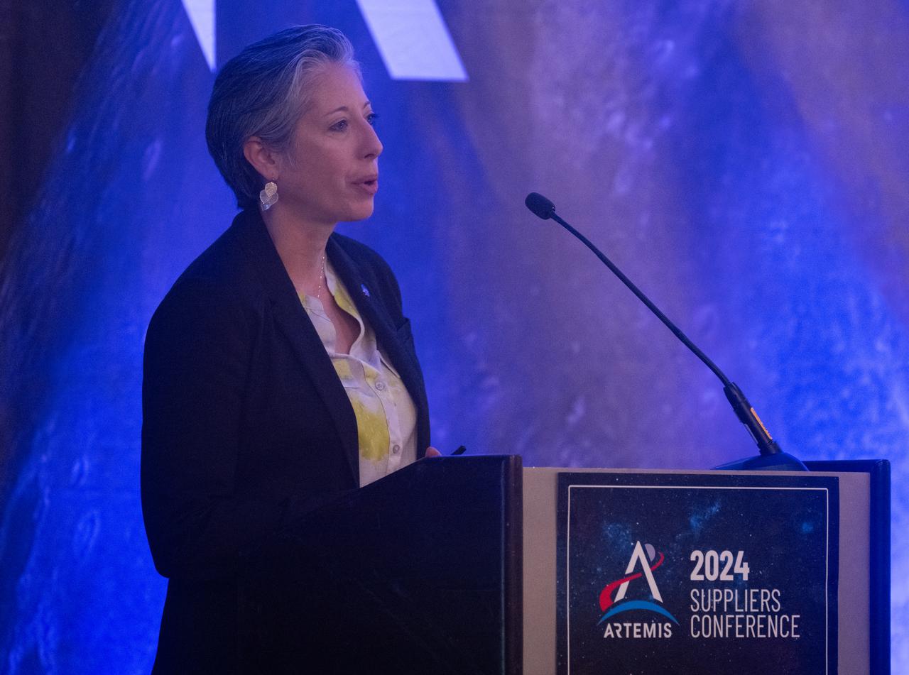 Nujoud Merancy, deputy associate administrator for the Strategy and Architectures Office in NASA’s Exploration Systems Development Mission Directorate, speaks during the 2024 Artemis Suppliers Conference, Tuesday, Feb. 27, 2024, at the Grand Hyatt Hotel in Washington.  Photo Credit: (NASA/Joel Kowsky)