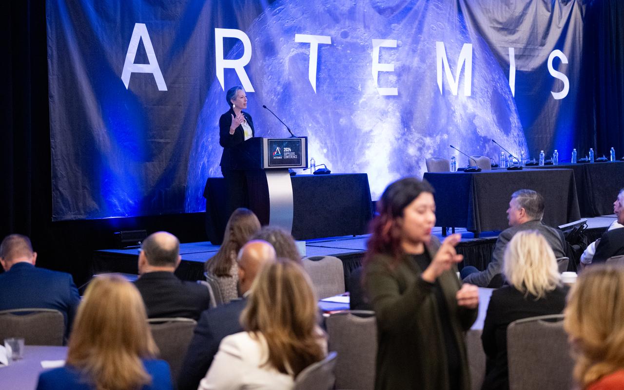 Nujoud Merancy, deputy associate administrator for the Strategy and Architectures Office in NASA’s Exploration Systems Development Mission Directorate, speaks during the 2024 Artemis Suppliers Conference, Tuesday, Feb. 27, 2024, at the Grand Hyatt Hotel in Washington.  Photo Credit: (NASA/Joel Kowsky)