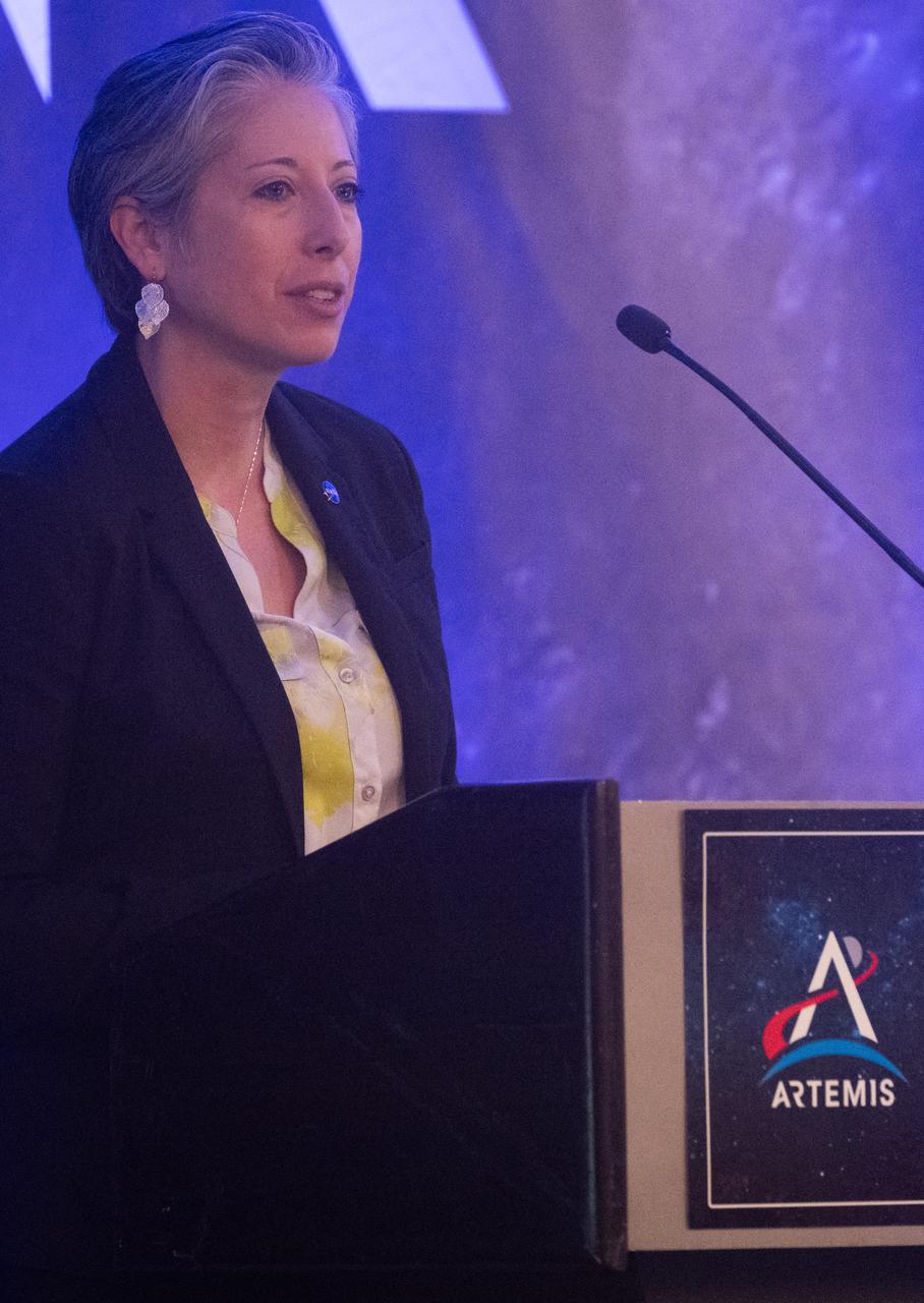 Nujoud Merancy, deputy associate administrator for the Strategy and Architectures Office in NASA’s Exploration Systems Development Mission Directorate, speaks during the 2024 Artemis Suppliers Conference, Tuesday, Feb. 27, 2024, at the Grand Hyatt Hotel in Washington.  Photo Credit: (NASA/Joel Kowsky)
