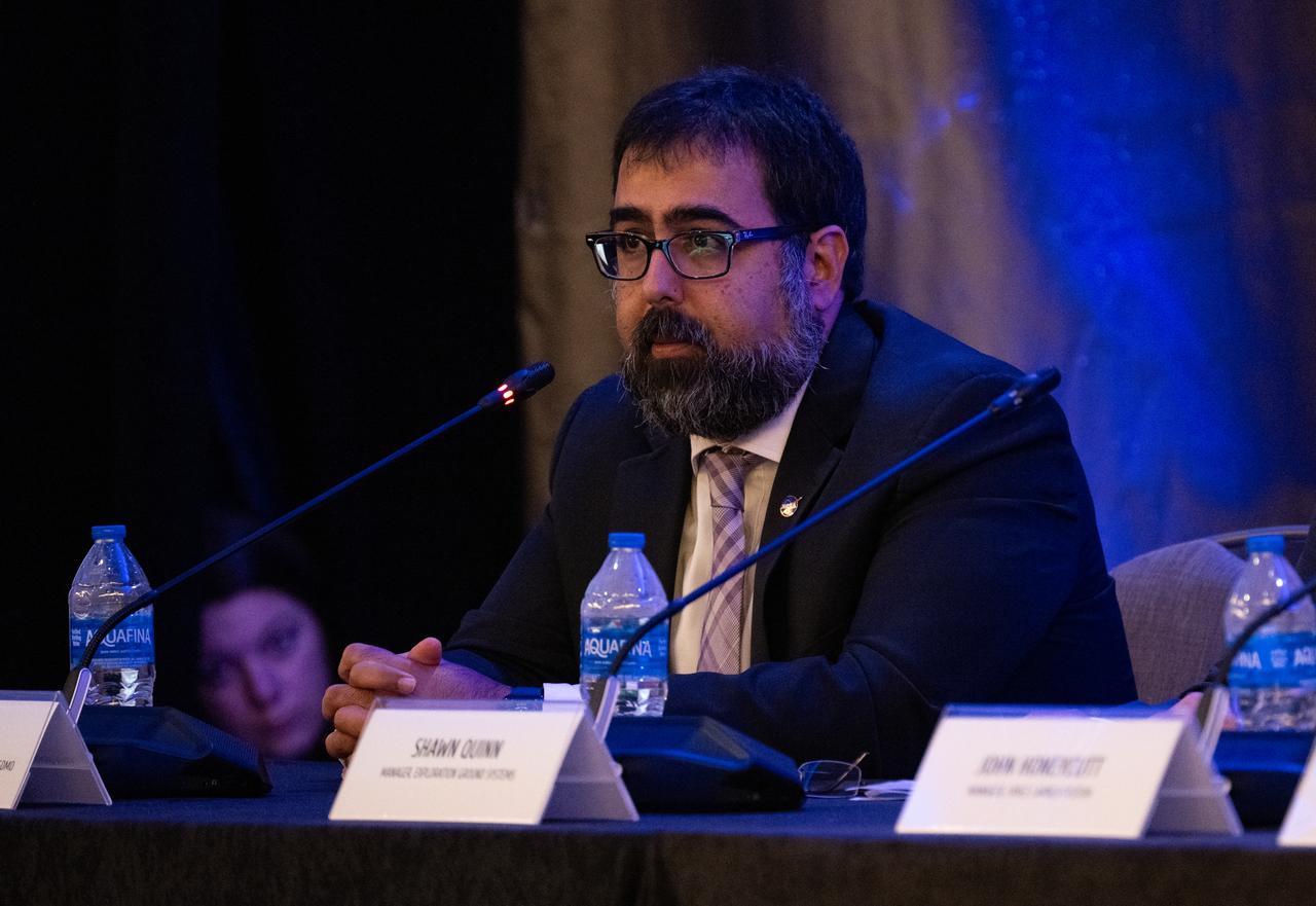 Amit Kshatriya, deputy associate administrator for the Moon to Mars Program in NASA’s Explorations Systems Development Mission Directorate, moderates an Artemis Program progress update panel during the 2024 Artemis Suppliers Conference, Tuesday, Feb. 27, 2024, at the Grand Hyatt Hotel in Washington.  Photo Credit: (NASA/Joel Kowsky)