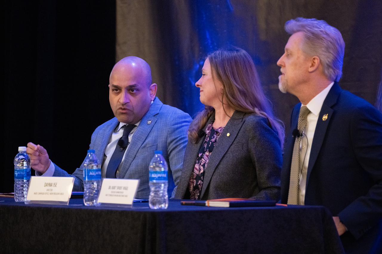 A.C. Charania, NASA’s Chief Technologist, left, moderates a panel on technology infusion with Dayna Ise, director of the Mars Campaign Office in NASA’s Moon to Mars Program, center, and Kurt “Spuds” Vogel, associate administrator of NASA’s Space Technology Mission Directorate, right, during the 2024 Artemis Suppliers Conference, Tuesday, Feb. 27, 2024, at the Grand Hyatt Hotel in Washington. Photo Credit: (NASA/Joel Kowsky)