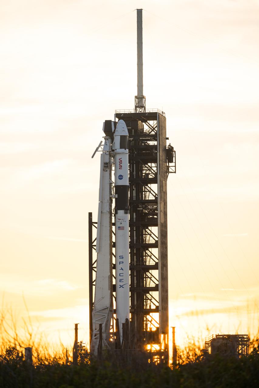 A SpaceX Falcon 9 rocket with the company's Dragon spacecraft on top is seen during sunset on the launch pad at Launch Complex 39A as preparations continue for the Crew-8 mission, Tuesday, Feb. 27, 2024, at NASA’s Kennedy Space Center in Florida. NASA’s SpaceX Crew-8 mission is the eighth crew rotation mission of the SpaceX Crew Dragon spacecraft and Falcon 9 rocket to the International Space Station as part of the agency’s Commercial Crew Program. NASA astronauts Matthew Dominick, Michael Barratt, Jeanette Epps, and Roscosmos cosmonaut Alexander Grebenkin are scheduled to launch at 12:04 a.m. EST on Friday, March 1, from Launch Complex 39A at the Kennedy Space Center. Photo Credit: (NASA/Aubrey Gemignani)