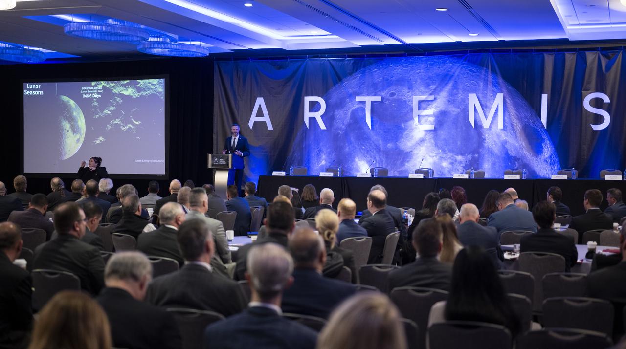 Jacob Bleacher, chief exploration scientist at NASA, speaks during the 2024 Artemis Suppliers Conference, Wednesday, Feb. 28, 2024, at the Grand Hyatt Hotel in Washington.  Photo Credit: (NASA/Joel Kowsky)