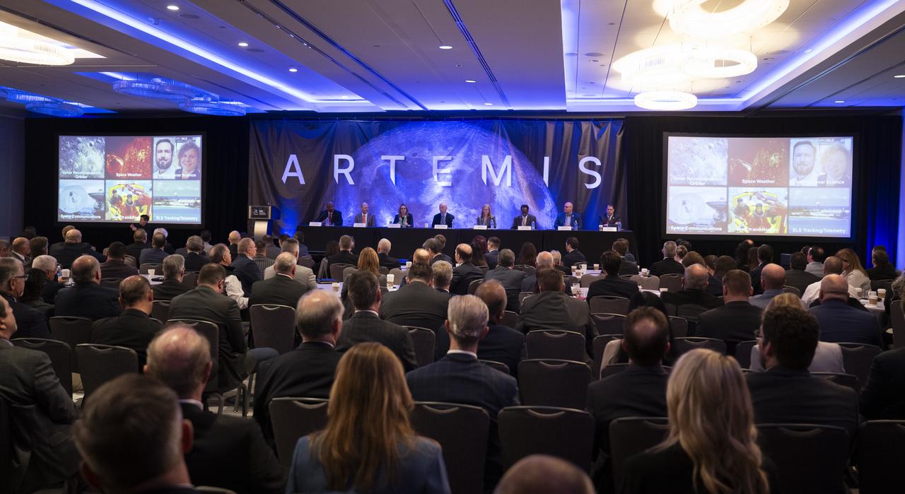 Dr. Makenzie Lystrup, director of NASA’s Goddard Space Flight Center, third from left, speaks before a panel discussion with agency center directors during the 2024 Artemis Suppliers Conference, Wednesday, Feb. 28, 2024, at the Grand Hyatt Hotel in Washington. Participating in the discussion was, from left; Kelvin Manning, acting deputy associate administrator for the Exploration Systems Development Mission Directorate at NASA; Dr. James Kenyon, director of NASA’s Glenn Research Center; Stephen Koerner, deputy director of NASA’s Johnson Space Center; Janet Petro, director of NASA’s Kennedy Space Center; Clayton Turner, director of NASA’s Langley Research Center; Joseph Pelfrey, director of NASA’s Marshall Space Flight Center; and Joe Schuyler, director of the Engineering and Test Directorate at NASA’s Stennis Space Center. Photo Credit: (NASA/Joel Kowsky)