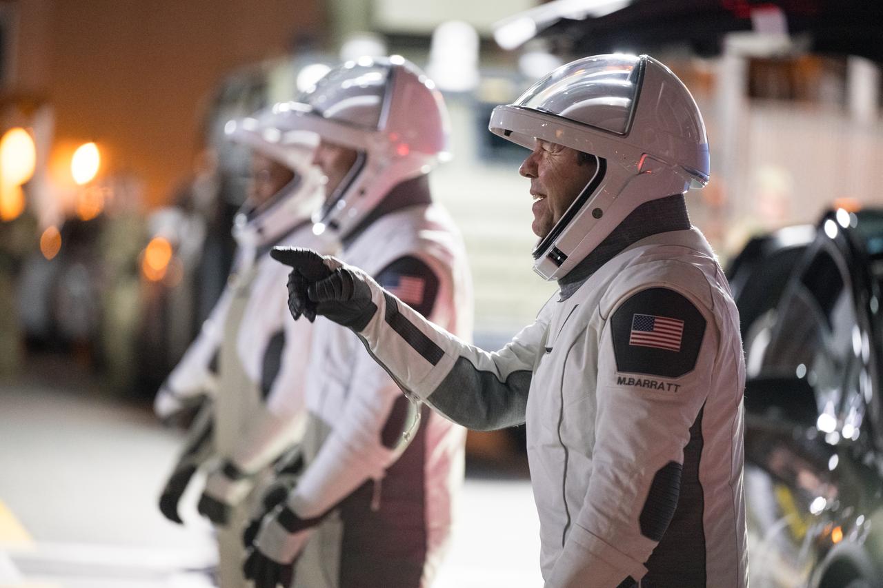 Roscosmos cosmonaut Alexander Grebenkin, NASA astronauts Jeanette Epps, Matthew Dominick, and Michael Barratt speak with family and friends as they prepare to depart the Neil A. Armstrong Operations and Checkout Building for Launch Complex 39A to board the SpaceX Dragon spacecraft for the Crew-8 mission launch, Sunday, March 3, 2024, at NASA’s Kennedy Space Center in Florida. NASA’s SpaceX Crew-8 mission is the eighth crew rotation mission of the SpaceX Crew Dragon spacecraft and Falcon 9 rocket to the International Space Station as part of the agency’s Commercial Crew Program. Dominick, Barratt, Epps, Grebenkin are scheduled to launch at 10:53 p.m. EST on Sunday, March 3, from Launch Complex 39A at the Kennedy Space Center. Photo Credit: (NASA/Aubrey Gemignani)