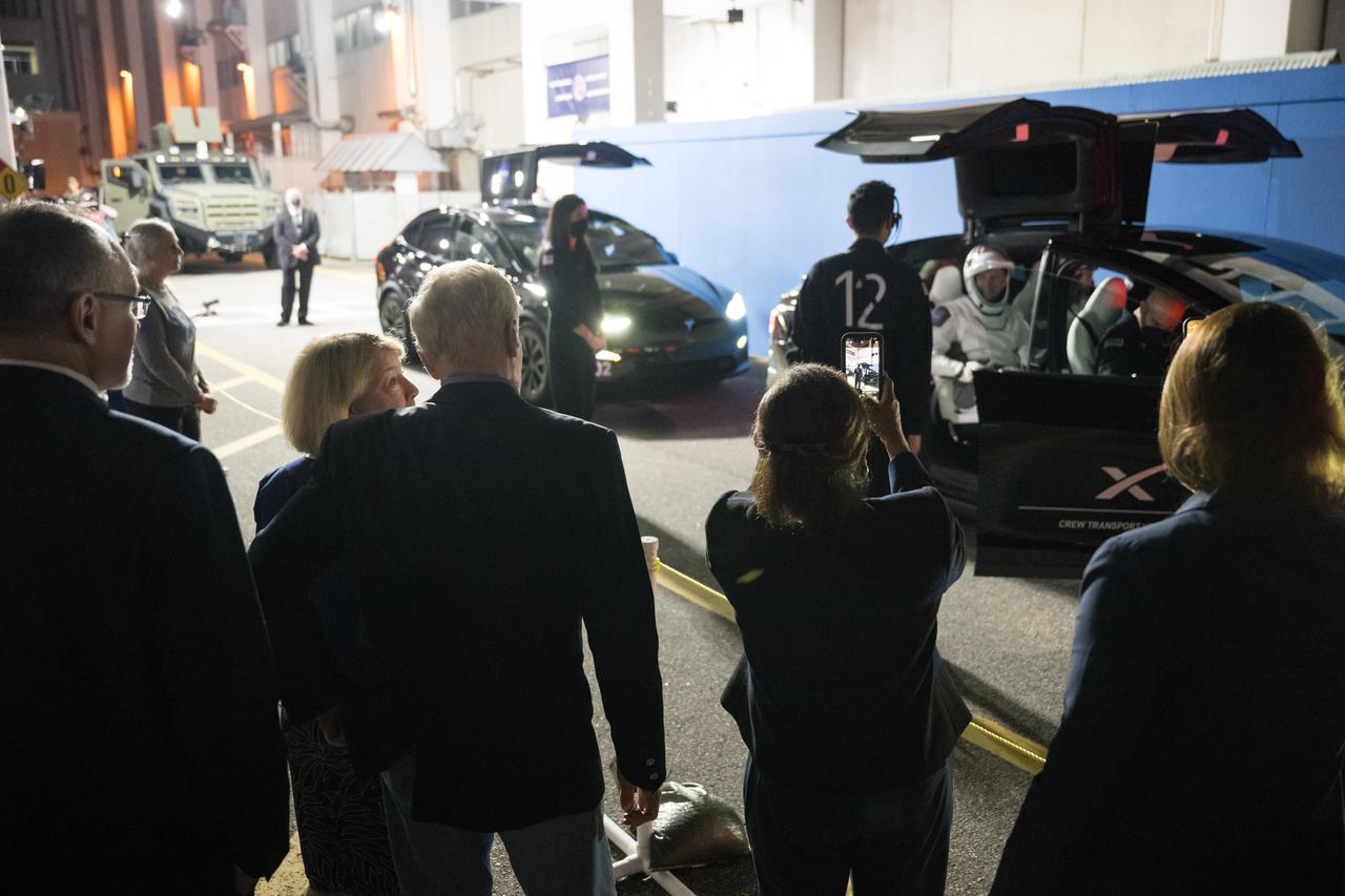 From left to right, NASA associate administrator Jim Free, NASA Deputy Administrator Pam Melroy, NASA Administrator Bill Nelson, Director of NASA’s Johnson Space Center Vanessa Wyche, and NASA deputy associate administrator Casey Swails are seen as NASA astronauts Matthew Dominick, Michael Barratt, and Jeanette Epps, and Roscosmos cosmonaut Alexander Grebenkin, wearing SpaceX spacesuits, wave as they prepare to depart the Neil  A. Armstrong Operations and Checkout Building for Launch Complex 39A to board the SpaceX Dragon spacecraft for the Crew-8 mission launch, Sunday, March 3, 2024, at NASA’s Kennedy Space Center in Florida. NASA’s SpaceX Crew-8 mission is the eighth crew rotation mission of the SpaceX Crew Dragon spacecraft and Falcon 9 rocket to the International Space Station as part of the agency’s Commercial Crew Program. NASA astronauts Dominick, Barratt, Epps, and Roscosmos cosmonaut Grebenkin are scheduled to launch at 10:53 p.m. EST from Launch Complex 39A at the Kennedy Space Center. Photo Credit: (NASA/Aubrey Gemignani)