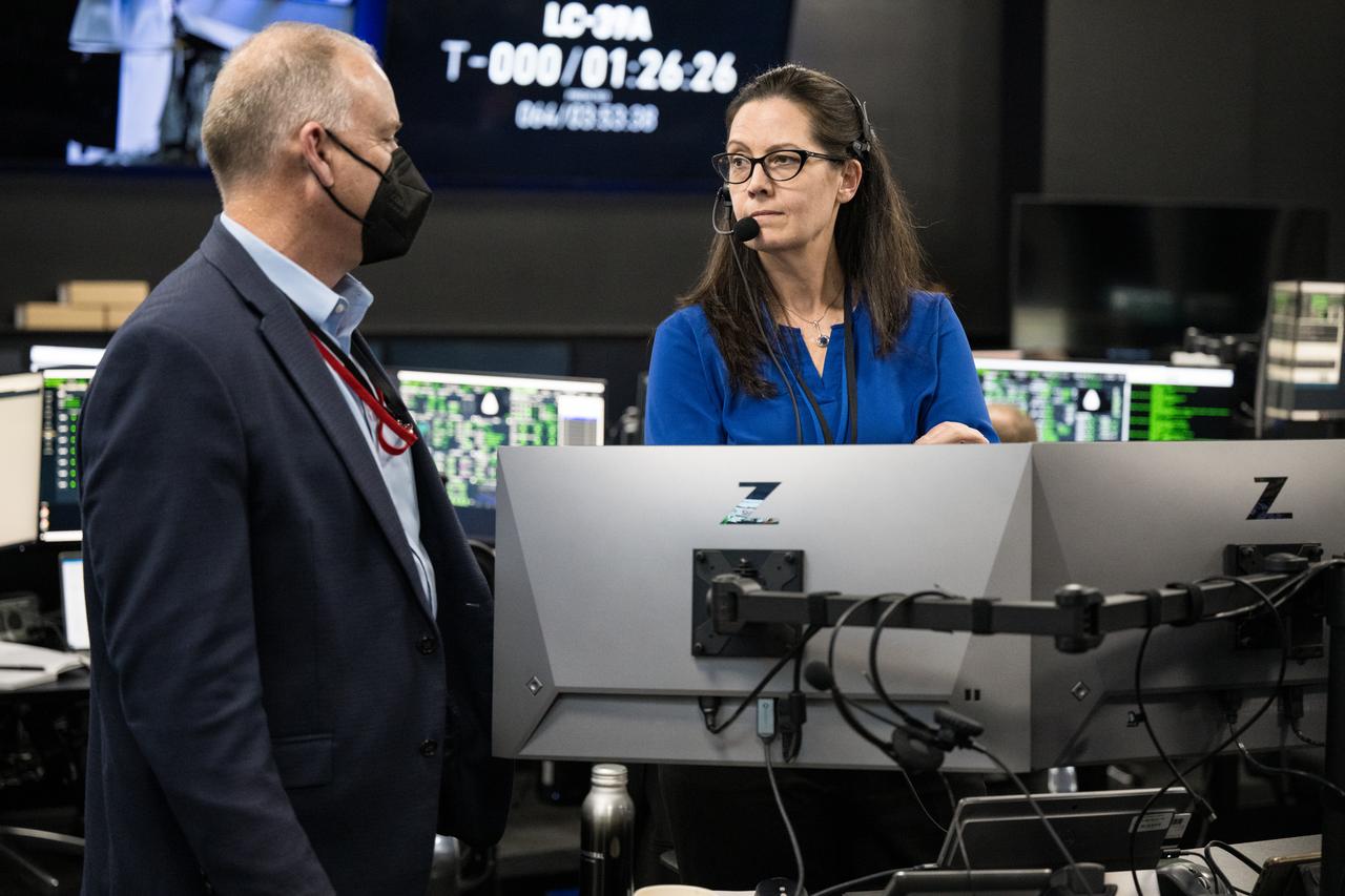 Norm Knight, director of Flight Operations at NASA's Johnson Space Center, left, and NASA's chief flight director, Emily Nelson monitor the launch of a SpaceX Falcon 9 rocket carrying the company's Dragon spacecraft on the Crew-8 mission with NASA astronauts Matthew Dominick, Michael Barratt, and Jeanette Epps, and Roscosmos cosmonaut Alexander Grebenkin onboard, Sunday, March 3, 2024, in the control room of SpaceX’s HangarX at NASA’s Kennedy Space Center in Florida. NASA’s SpaceX Crew-8 mission is the eighth crew rotation mission of the SpaceX Dragon spacecraft and Falcon 9 rocket to the International Space Station as part of the agency’s Commercial Crew Program. Dominick, Barratt, Epps, and Grebenkin launched at 10:53 p.m. EST, from Launch Complex 39A at the Kennedy Space Center. Photo Credit: (NASA/Aubrey Gemignani)