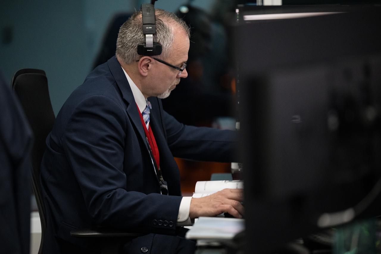 Jim Free, NASA associate administrator, monitors the launch of a SpaceX Falcon 9 rocket carrying the company's Dragon spacecraft on the Crew-8 mission with NASA astronauts Matthew Dominick, Michael Barratt, and Jeanette Epps, and Roscosmos cosmonaut Alexander Grebenkin onboard, Sunday, March 3, 2024, in the control room of SpaceX’s HangarX at NASA’s Kennedy Space Center in Florida. NASA’s SpaceX Crew-8 mission is the eighth crew rotation mission of the SpaceX Dragon spacecraft and Falcon 9 rocket to the International Space Station as part of the agency’s Commercial Crew Program. Dominick, Barratt, Epps, and Grebenkin launched at 10:53 p.m. EST, from Launch Complex 39A at the Kennedy Space Center. Photo Credit: (NASA/Aubrey Gemignani)