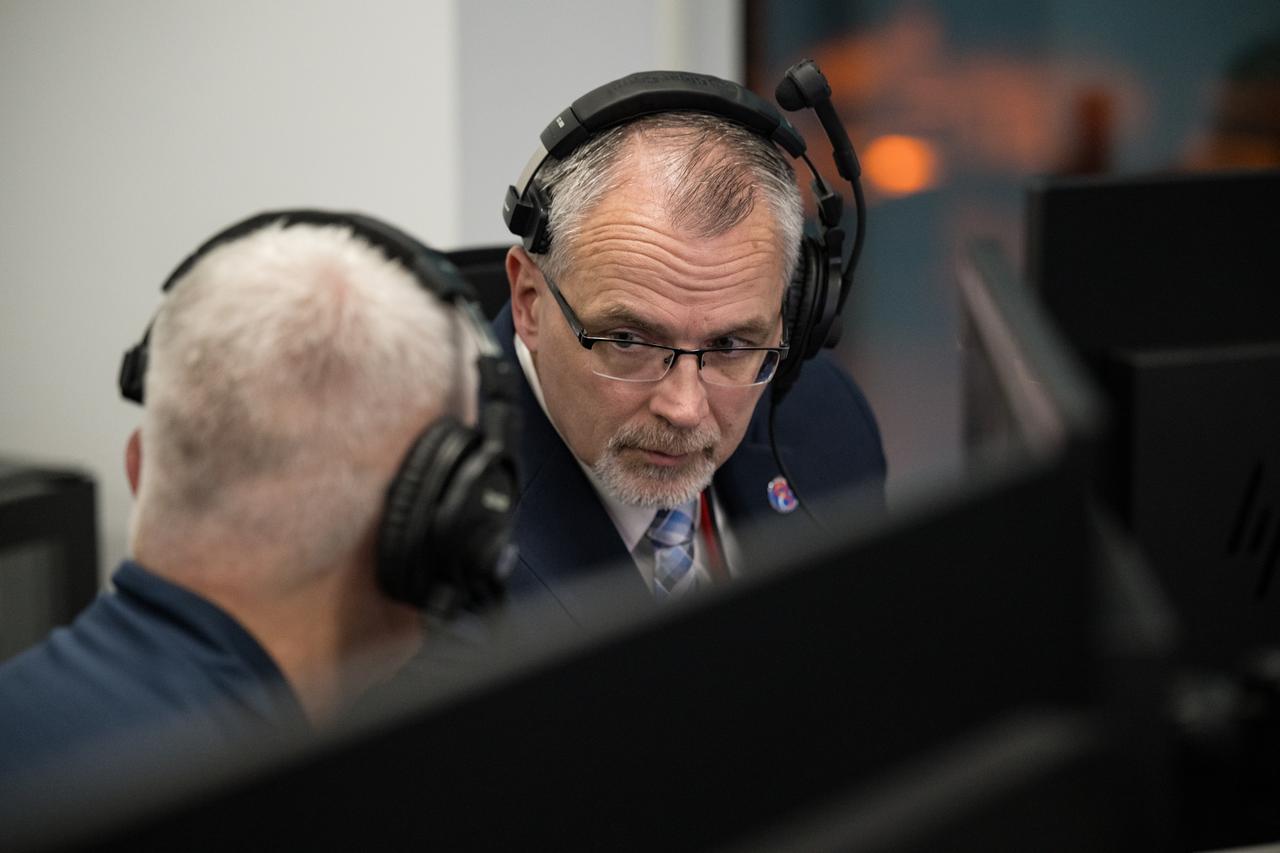 Jim Free, NASA associate administrator, right, and Benji Reed, senior director of Human Spaceflight Programs at SpaceX monitor the launch of a SpaceX Falcon 9 rocket carrying the company's Dragon spacecraft on the Crew-8 mission with NASA astronauts Matthew Dominick, Michael Barratt, and Jeanette Epps, and Roscosmos cosmonaut Alexander Grebenkin onboard, Sunday, March 3, 2024, in the control room of SpaceX’s HangarX at NASA’s Kennedy Space Center in Florida. NASA’s SpaceX Crew-8 mission is the eighth crew rotation mission of the SpaceX Dragon spacecraft and Falcon 9 rocket to the International Space Station as part of the agency’s Commercial Crew Program. Dominick, Barratt, Epps, Grebenkin launched at 10:53 p.m. EST, from Launch Complex 39A at the Kennedy Space Center. Photo Credit: (NASA/Aubrey Gemignani)