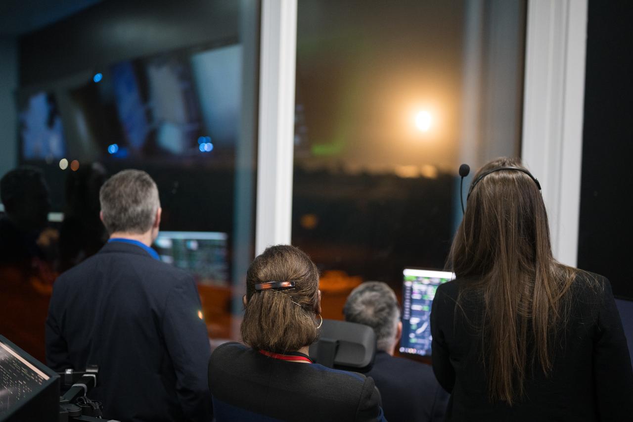 NASA leadership from left to right, Commercial Space Division Director Philip McAlister, Director of NASA’s Johnson Space Center, Vanessa Wyche, manager of NASA’s Commercial Crew Program, Steve Stich, and SpaceX Director, Dragon Mission Management, Sarah Walker, watch the launch of a SpaceX Falcon 9 rocket carrying the company's Dragon spacecraft on the Crew-8 mission with NASA astronauts Matthew Dominick, Michael Barratt, and Jeanette Epps, and Roscosmos cosmonaut Alexander Grebenkin onboard, Sunday, March 3, 2024, in the control room of SpaceX’s HangarX at NASA’s Kennedy Space Center in Florida. NASA’s SpaceX Crew-8 mission is the eighth crew rotation mission of the SpaceX Dragon spacecraft and Falcon 9 rocket to the International Space Station as part of the agency’s Commercial Crew Program. Dominick, Barratt, Epps, Grebenkin launched at 10:53 p.m. EST, from Launch Complex 39A at the Kennedy Space Center. Photo Credit: (NASA/Aubrey Gemignani)