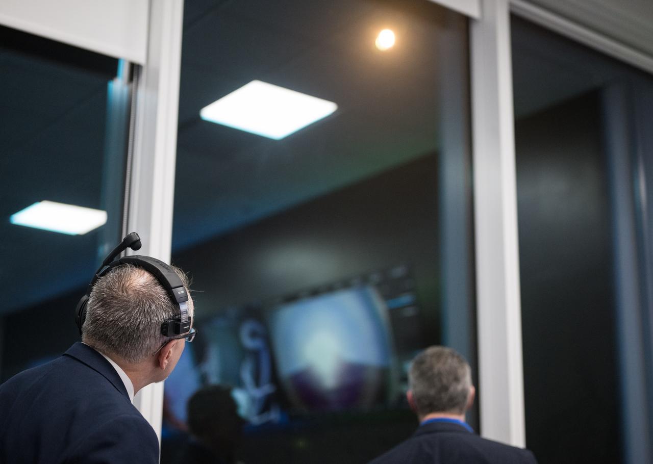 NASA associate administrator Jim Free, left, and Commercial Space Division Director Philip McAlister watch the launch of a SpaceX Falcon 9 rocket carrying the company's Dragon spacecraft on the Crew-8 mission with NASA astronauts Matthew Dominick, Michael Barratt, and Jeanette Epps, and Roscosmos cosmonaut Alexander Grebenkin onboard, Sunday, March 3, 2024, in the control room of SpaceX’s HangarX at NASA’s Kennedy Space Center in Florida. NASA’s SpaceX Crew-8 mission is the eighth crew rotation mission of the SpaceX Dragon spacecraft and Falcon 9 rocket to the International Space Station as part of the agency’s Commercial Crew Program. Dominick, Barratt, Epps, Grebenkin launched at 10:53 p.m. EST, from Launch Complex 39A at the Kennedy Space Center. Photo Credit: (NASA/Aubrey Gemignani)