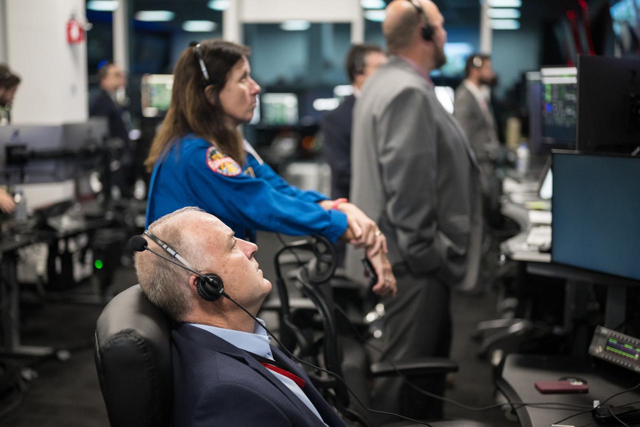 Norm Knight, director of Flight Operations at NASA's Johnson Space Center, front, and Deputy Chief of the Astronaut Office, Shannon Walker, center, monitor the launch of a SpaceX Falcon 9 rocket carrying the company's Dragon spacecraft on the Crew-8 mission with NASA astronauts Matthew Dominick, Michael Barratt, and Jeanette Epps, and Roscosmos cosmonaut Alexander Grebenkin onboard, Sunday, March 3, 2024, in the control room of SpaceX’s HangarX at NASA’s Kennedy Space Center in Florida. NASA’s SpaceX Crew-8 mission is the eighth crew rotation mission of the SpaceX Dragon spacecraft and Falcon 9 rocket to the International Space Station as part of the agency’s Commercial Crew Program. Dominick, Barratt, Epps, and Grebenkin launched at 10:53 p.m. EST, from Launch Complex 39A at the Kennedy Space Center. Photo Credit: (NASA/Aubrey Gemignani)