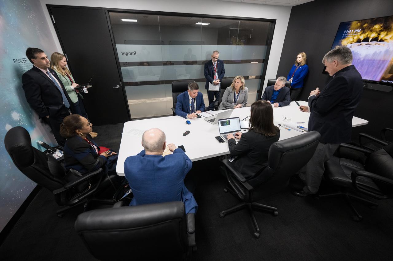 Richard Jones, deputy program manager for NASA's Commercial Crew Program seated, second from left, leads a post-launch synopsis briefing with NASA leadership after the launch of a SpaceX Falcon 9 rocket carrying the company's Dragon spacecraft on the Crew-8 mission with NASA astronauts Matthew Dominick, Michael Barratt, and Jeanette Epps, and Roscosmos cosmonaut Alexander Grebenkin onboard, Sunday, March 3, 2024, in the control room of SpaceX’s HangarX at NASA’s Kennedy Space Center in Florida. NASA’s SpaceX Crew-8 mission is the eighth crew rotation mission of the SpaceX Dragon spacecraft and Falcon 9 rocket to the International Space Station as part of the agency’s Commercial Crew Program. Dominick, Barratt, Epps, and Grebenkin launched at 10:53 p.m. EST, from Launch Complex 39A at the Kennedy Space Center. Photo Credit: (NASA/Aubrey Gemignani)