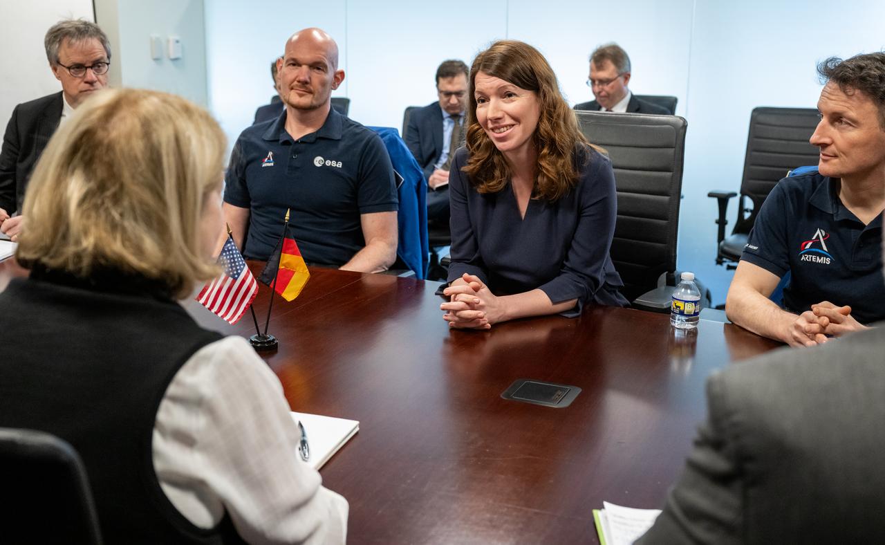Federal Government Coordinator of German Aerospace Policy Dr. Anna Christmann, center, speaks during a meeting with NASA Deputy Administrator Pam Melroy, left, Thursday, March 7, 2024, at the Mary W. Jackson NASA Headquarters building in Washington. Photo Credit: (NASA/Keegan Barber)