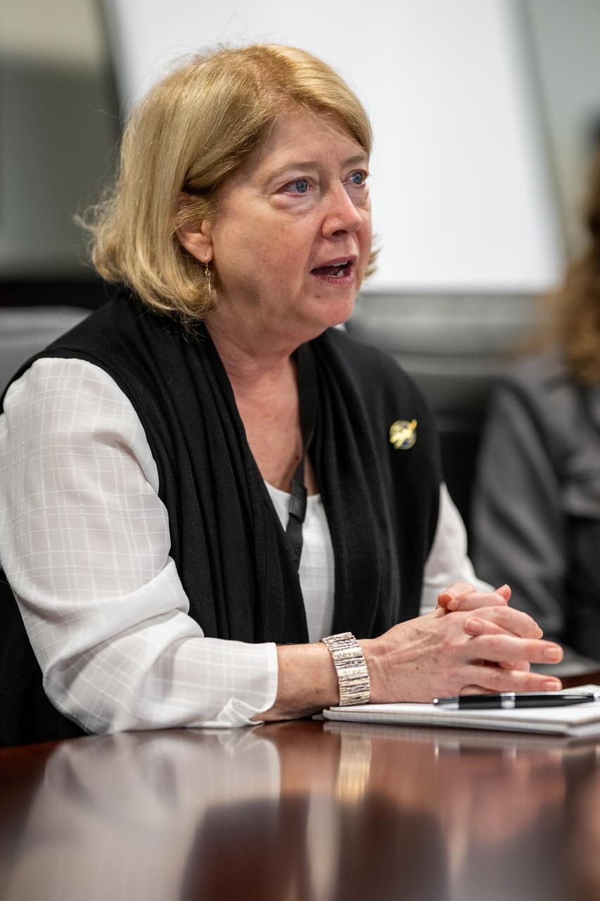 NASA Deputy Administrator Pam Melroy speaks during a meeting with Federal Government Coordinator of German Aerospace Policy Dr. Anna Christmann, Thursday, March 7, 2024, at the Mary W. Jackson NASA Headquarters building in Washington. Photo Credit: (NASA/Keegan Barber)