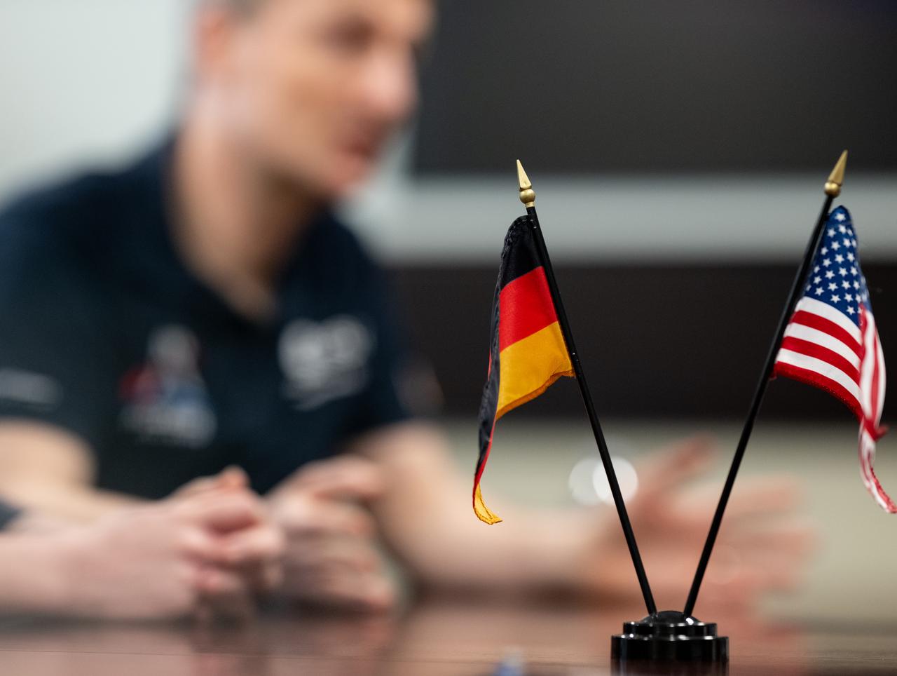 Flags of Germany and the United States are seen during a meeting with NASA Deputy Administrator Pam Melroy and Federal Government Coordinator of German Aerospace Policy Dr. Anna Christmann, Thursday, March 7, 2024, at the Mary W. Jackson NASA Headquarters building in Washington. Photo Credit: (NASA/Keegan Barber)