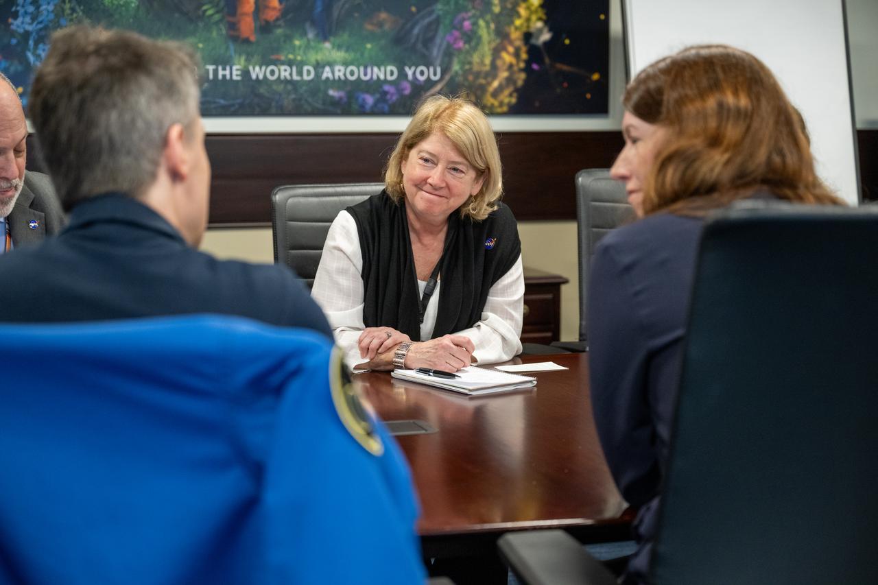 NASA Deputy Administrator Pam Melroy, center, listens as ESA astronaut Matthias Maurer, left, speaks during a meeting with Federal Government Coordinator of German Aerospace Policy Dr. Anna Christmann, right, Thursday, March 7, 2024, at the Mary W. Jackson NASA Headquarters building in Washington. Photo Credit: (NASA/Keegan Barber)