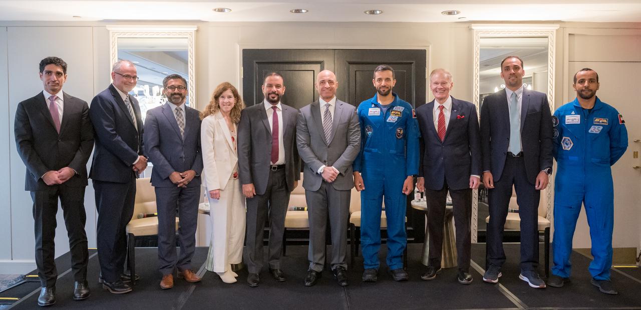 UAE Assistant Minister of Foreign Affairs and International Cooperation for Advanced Science and Technology, Omran Sharaf, left, NASA associate administrator Jim Free,  National Space Council Executive Secretary Chirag Parikh, NASA associate administrator for International and Interagency Relations Karen Feldstein, Director General, UAE Space Agency Salem Al Qubaisi, UAE Ambassador to the US and Minister of State His Excellency Yousef Al Otaib, UAE astronaut and Minister of Youth, H.E. Dr. Sultan Al Neyadi, NASA Administrator Bill Nelson, Director General, Mohammed bin Rashid Space Centre Salem AlMarri, and UAE astronaut Hazza Al Mansouri, right, pose for a group photograph during an event celebrating UAE-US collaboration in space, Friday, March 8, 2024, at the Four Seasons Hotel in Washington. Photo Credit: (NASA/Bill Ingalls)