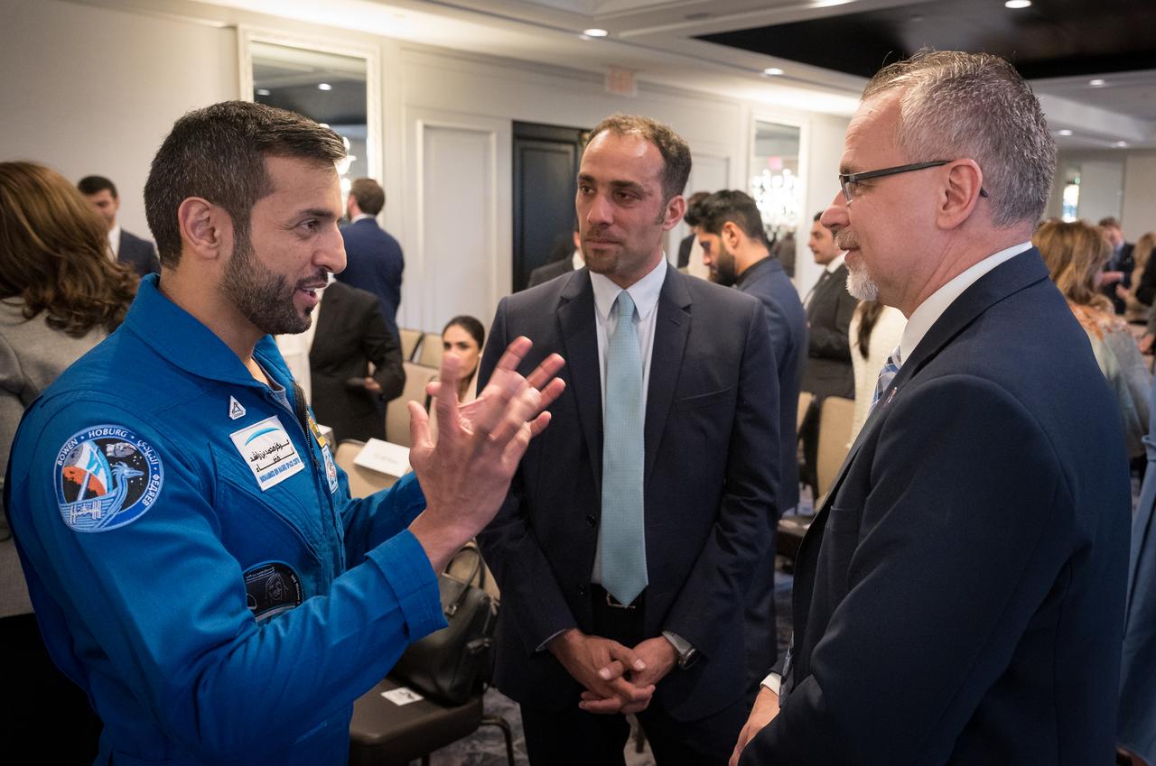 UAE astronaut and Minister of Youth, H.E. Dr. Sultan Al Neyadi, left, Director General, Mohammed bin Rashid Space Centre Salem AlMarri, and NASA Associate Administrator Jim Free, right, are seen during an event celebrating UAE-US collaboration in space, Friday, March 8, 2024, at the Four Seasons Hotel in Washington. Photo Credit: (NASA/Bill Ingalls)
