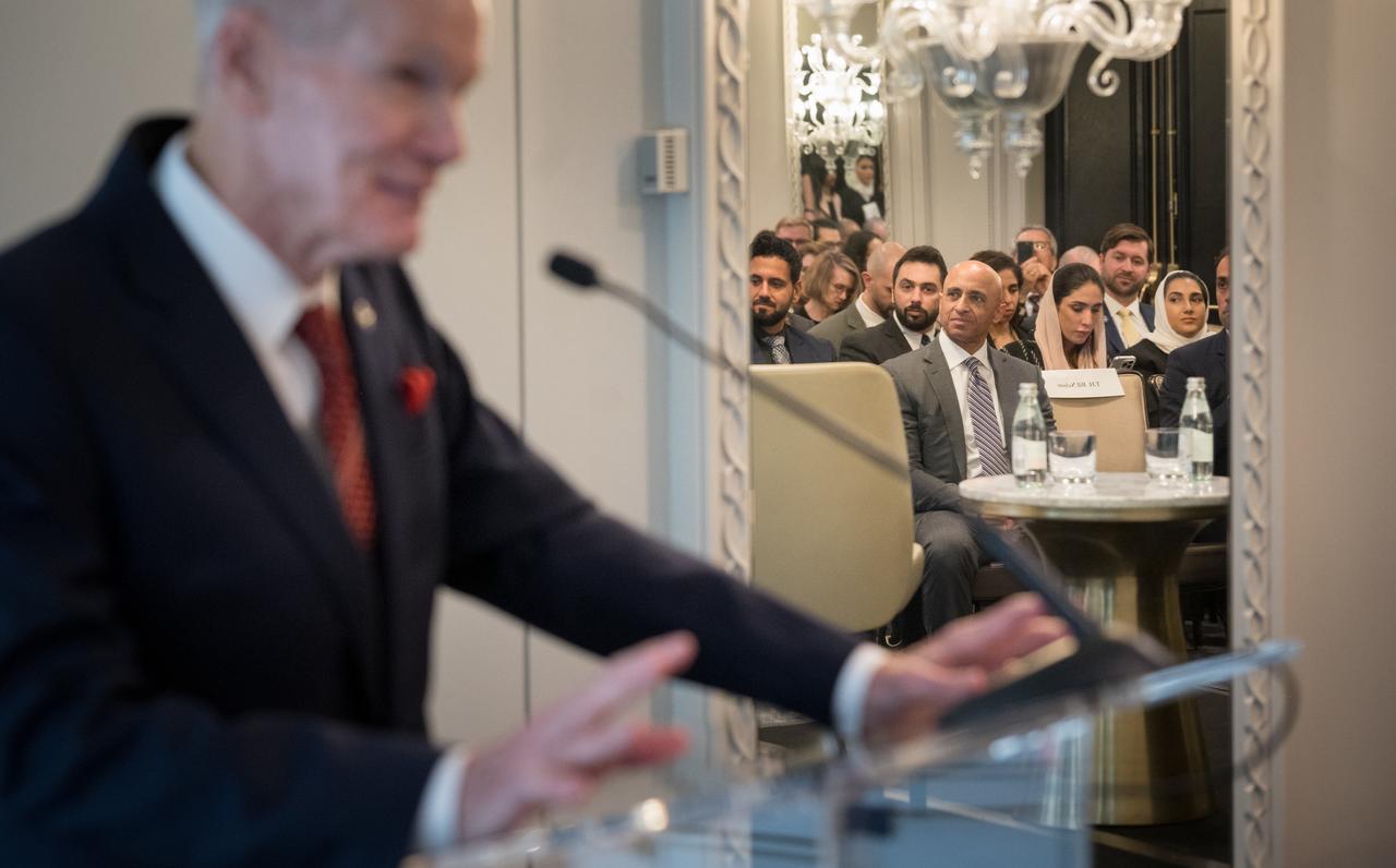 UAE Ambassador to the US and Minister of State, His Excellency Yousef Al Otaib and others listen as NASA Administrator Bill Nelson gives remarks during an event celebrating UAE-US collaboration in space, Friday, March 8, 2024, at the Four Seasons Hotel in Washington. Photo Credit: (NASA/Bill Ingalls)