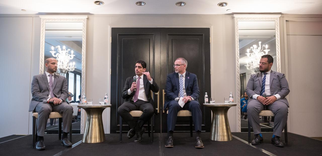 Senior Director of the Space Engineering Department, MBRSC, Amer Al Sayegh, left,  UAE Assistant Minister of Foreign Affairs and International Cooperation for Advanced Science and Technology, Omran Sharaf, NASA Associate Administrator Jim Free, and Director of Space Missions Department, UAESA, Mohsen Al Awadhi, right, participate in a panel discussion during an event celebrating UAE-US collaboration in space, Friday, March 8, 2024, at the Four Seasons Hotel in Washington. Photo Credit: (NASA/Bill Ingalls)