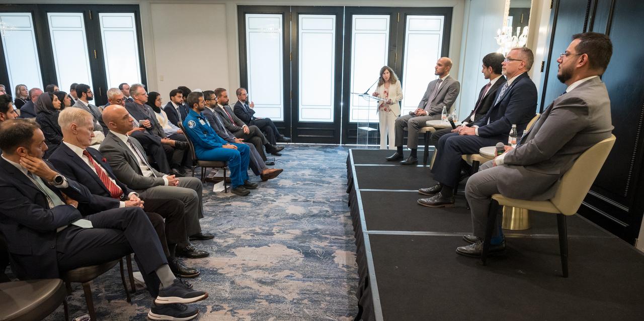 NASA associate administrator for International and Interagency Relations Karen Feldstein, moderates a panel discussion with, Senior Director of the Space Engineering Department, MBRSC, Amer Al Sayegh, left, UAE Assistant Minister of Foreign Affairs and International Cooperation for Advanced Science and Technology, Omran Sharaf, NASA Associate Administrator Jim Free, and Director of Space Missions Department, UAESA, Mohsen Al Awadhi, right, during an event celebrating UAE-US collaboration in space, Friday, March 8, 2024, at the Four Seasons Hotel in Washington. Photo Credit: (NASA/Bill Ingalls)