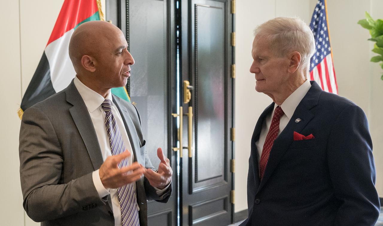 UAE Ambassador to the US and Minister of State His Excellency Yousef Al Otaib, left, and NASA Administrator Bill Nelson, talk during an event celebrating UAE-US collaboration in space, Friday, March 8, 2024, at the Four Seasons Hotel in Washington. Photo Credit: (NASA/Bill Ingalls)