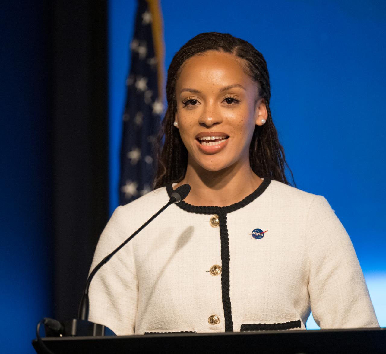NASA Press Secretary, Faith McKie, moderates the annual State of NASA address, Monday, March 11, 2024, at the Mary W. Jackson NASA Headquarters Building in Washington. NASA leaders discussed plans for promoting U.S. leadership in space exploration, improving life on Earth through science and innovation, humanity’s return to the Moon under the Artemis campaign, aeronautics, and more. Photo Credit: (NASA/Bill Ingalls)