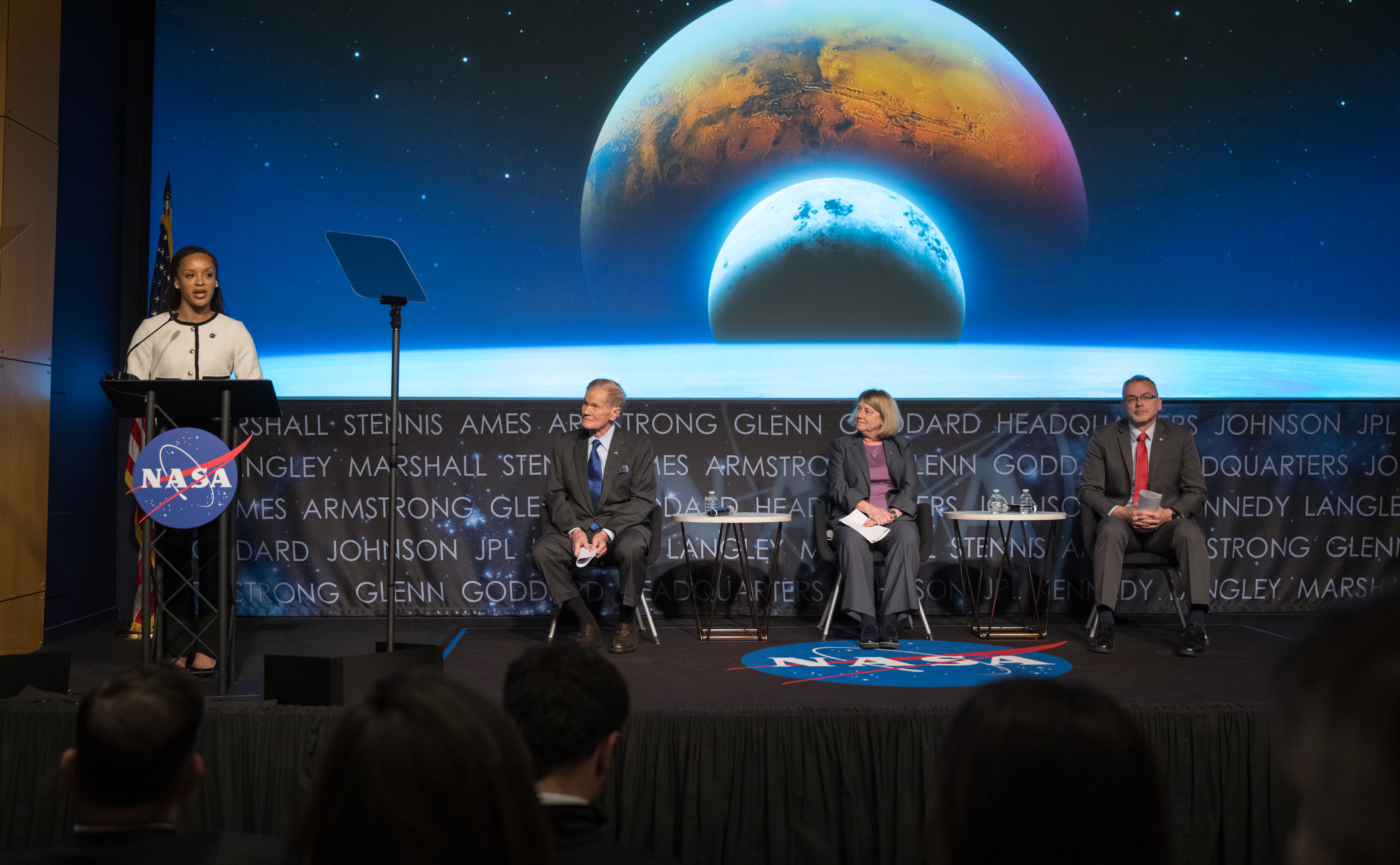 NASA Press Secretary, Faith McKie, left, moderates the annual State of NASA address, as NASA Administrator Bill Nelson, NASA Deputy Administrator Pam Melroy, and NASA Associate Administrator Jim Free, right, look on, Monday, March 11, 2024, at the Mary W. Jackson NASA Headquarters Building in Washington. NASA leaders discussed plans for promoting U.S. leadership in space exploration, improving life on Earth through science and innovation, humanity’s return to the Moon under the Artemis campaign, aeronautics, and more. Photo Credit: (NASA/Bill Ingalls)