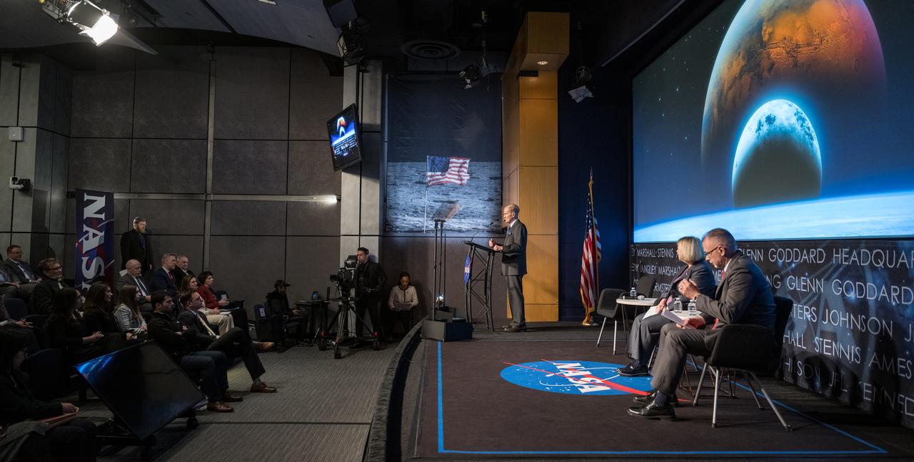 NASA Administrator Bill Nelson, at podium, discusses the agency’s goals during the annual State of NASA address, Monday, March 11, 2024, at the Mary W. Jackson NASA Headquarters Building in Washington. NASA leaders discussed plans for promoting U.S. leadership in space exploration, improving life on Earth through science and innovation, humanity’s return to the Moon under the Artemis campaign, aeronautics, and more. Photo Credit: (NASA/Bill Ingalls)