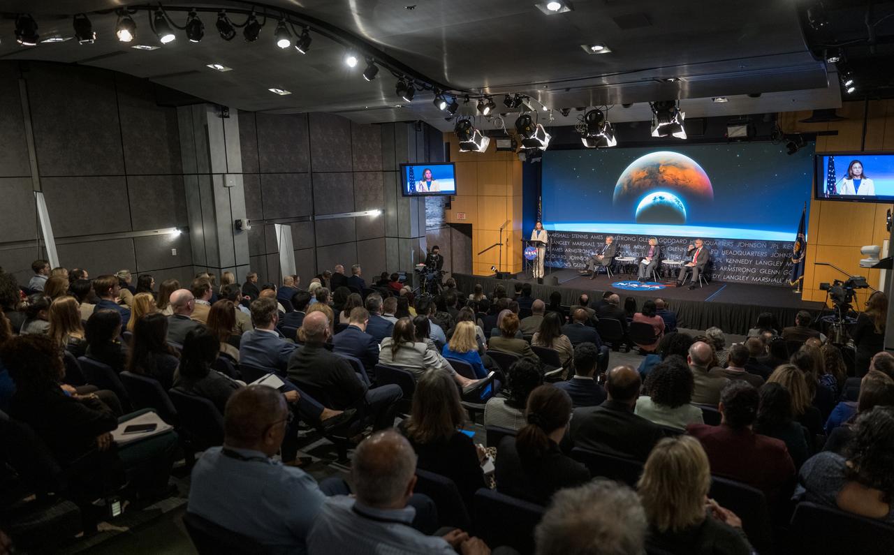 NASA Associate Administrator for Exploration Systems, Catherine Koerner, discusses the agency’s goals during the annual State of NASA address, Monday, March 11, 2024, at the Mary W. Jackson NASA Headquarters Building in Washington. NASA leaders discussed plans for promoting U.S. leadership in space exploration, improving life on Earth through science and innovation, humanity’s return to the Moon under the Artemis campaign, aeronautics, and more. Photo Credit: (NASA/Bill Ingalls)
