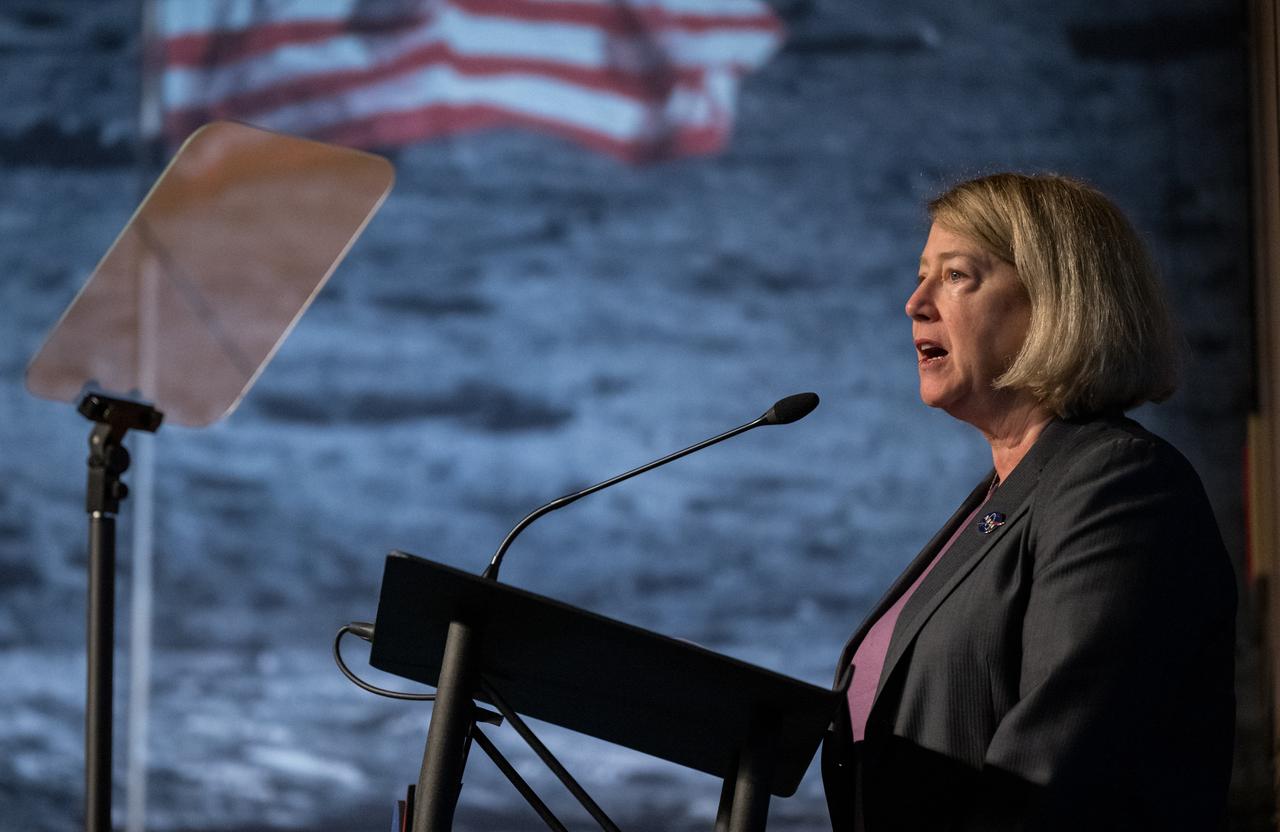 NASA Deputy Administrator Pam Melroy discusses the agency’s goals during the annual State of NASA address, Monday, March 11, 2024, at the Mary W. Jackson NASA Headquarters Building in Washington. NASA leaders discussed plans for promoting U.S. leadership in space exploration, improving life on Earth through science and innovation, humanity’s return to the Moon under the Artemis campaign, aeronautics, and more. Photo Credit: (NASA/Bill Ingalls)