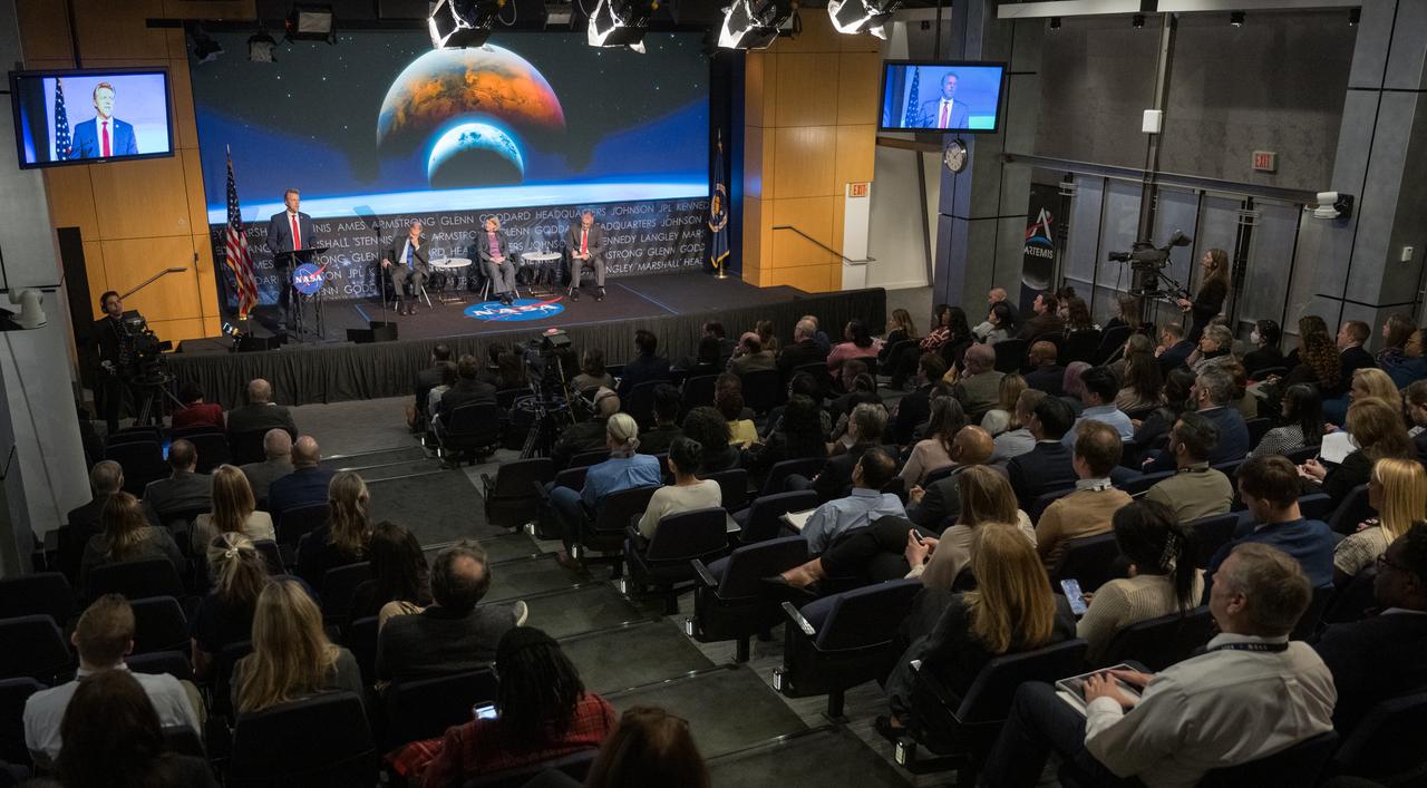 NASA Associate Administrator for Space Technology, Spuds Vogel, discusses the agency’s goals during the annual State of NASA address, Monday, March 11, 2024, at the Mary W. Jackson NASA Headquarters Building in Washington. NASA leaders discussed plans for promoting U.S. leadership in space exploration, improving life on Earth through science and innovation, humanity’s return to the Moon under the Artemis campaign, aeronautics, and more. Photo Credit: (NASA/Bill Ingalls)