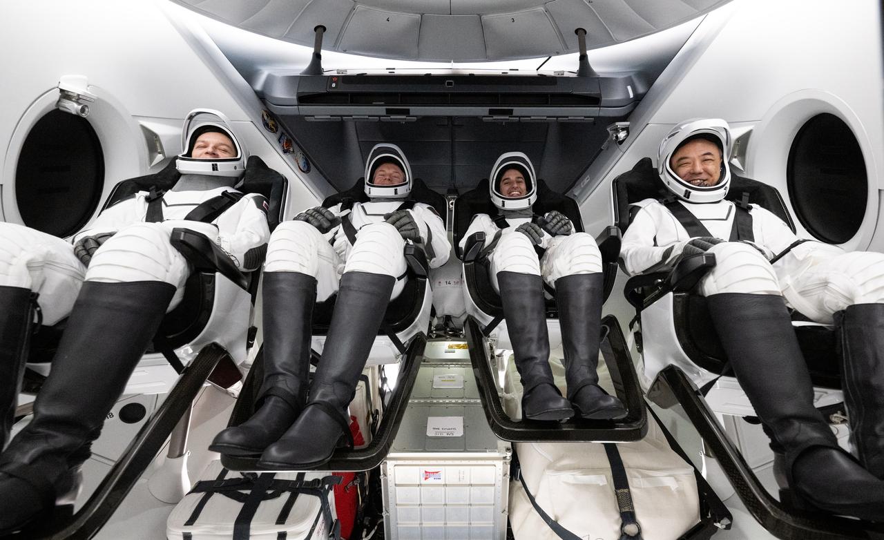 Roscosmos cosmonaut Konstantin Borisov, left, ESA (European Space Agency) astronaut Andreas Mogensen, NASA astronaut Jasmin Moghbeli, and Japan Aerospace Exploration Agency (JAXA) astronaut Satoshi Furukawa are seen inside the SpaceX Dragon Endurance spacecraft onboard the SpaceX recovery ship MEGAN shortly after having landed in the Gulf of Mexico off the coast of Pensacola, Florida, Tuesday, March 12, 2024. Moghbeli, Mogensen, Furukawa, and Borisov are returning after nearly six-months in space as part of Expedition 70 aboard the International Space Station. Photo Credit: (NASA/Joel Kowsky)