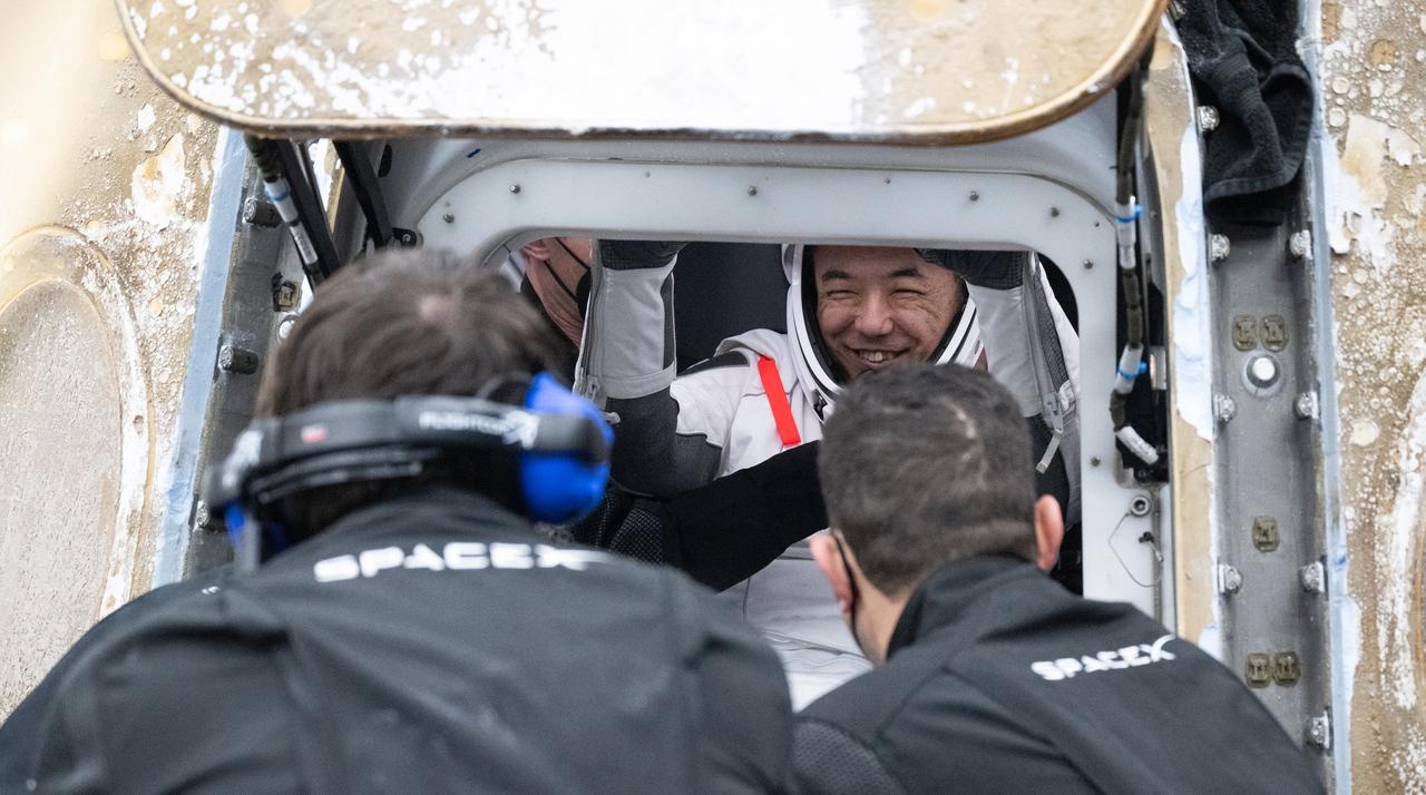 Japan Aerospace Exploration Agency (JAXA) astronaut Satoshi Furukawa is helped out of the SpaceX Dragon Endurance spacecraft onboard the SpaceX recovery ship MEGAN after he, NASA astronaut Jasmin Moghbeli, ESA (European Space Agency) astronaut Andreas Mogensen, and Roscosmos cosmonaut Konstantin Borisov landed in the Gulf of Mexico off the coast of Pensacola, Florida, Tuesday, March 12, 2024. Moghbeli, Mogensen, Furukawa, and Borisov are returning after nearly six-months in space as part of Expedition 70 aboard the International Space Station. Photo Credit: (NASA/Joel Kowsky)