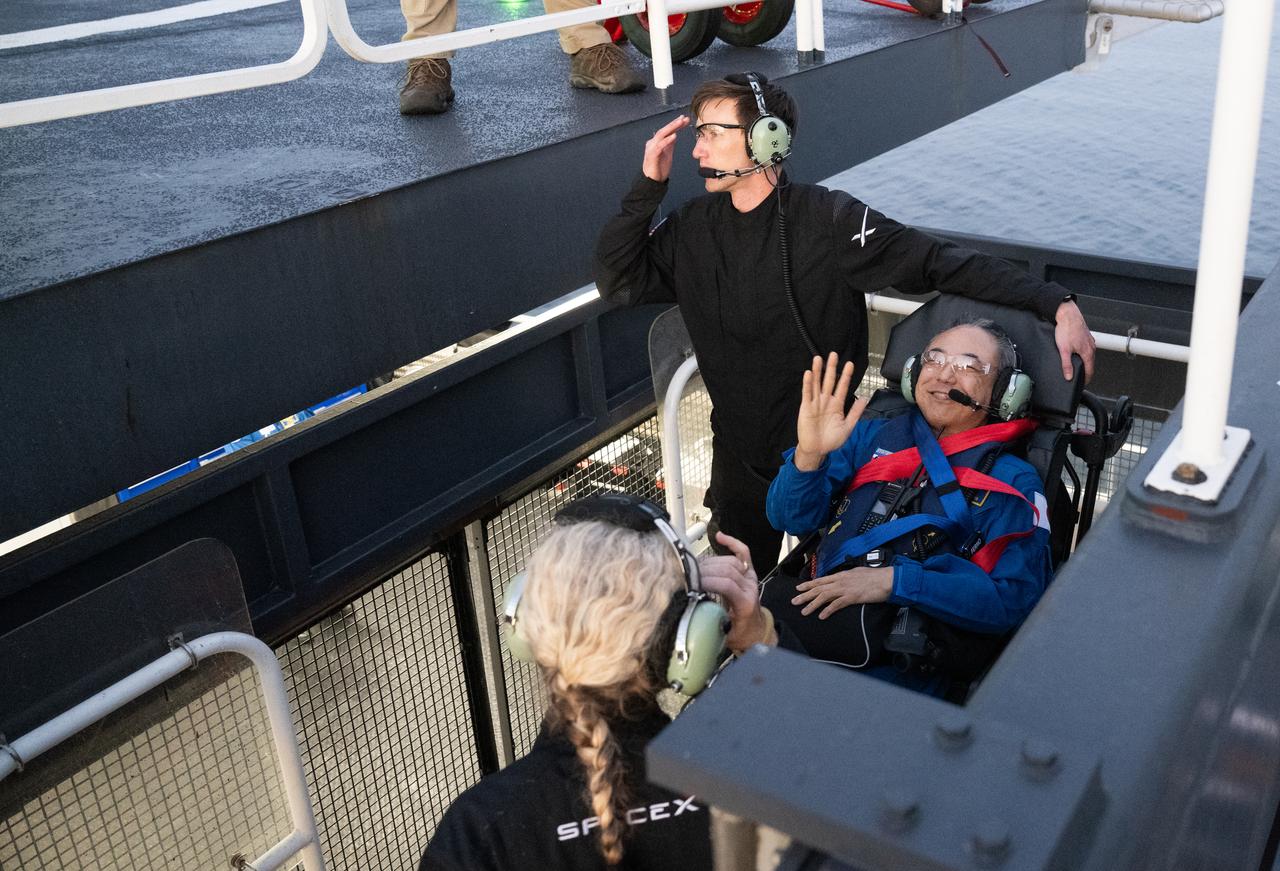 Japan Aerospace Exploration Agency (JAXA) astronaut Satoshi Furukawa is seen inside an elevator on the SpaceX recovery ship MEGAN that will take him up to a waiting helicopter to fly to Pensacola, Florida along with NASA astronaut Jasmin Moghbeli, ESA (European Space Agency) astronaut Andreas Mogensen, and Roscosmos cosmonaut Konstantin Borisov a few hours after they landed in the Gulf of Mexico off the coast of Pensacola, Florida in the SpaceX Dragon Endurance spacecraft, Tuesday, March 12, 2024. Moghbeli, Mogensen, Furukawa, and Borisov are returning after nearly six-months in space as part of Expedition 70 aboard the International Space Station. Photo Credit: (NASA/Joel Kowsky)