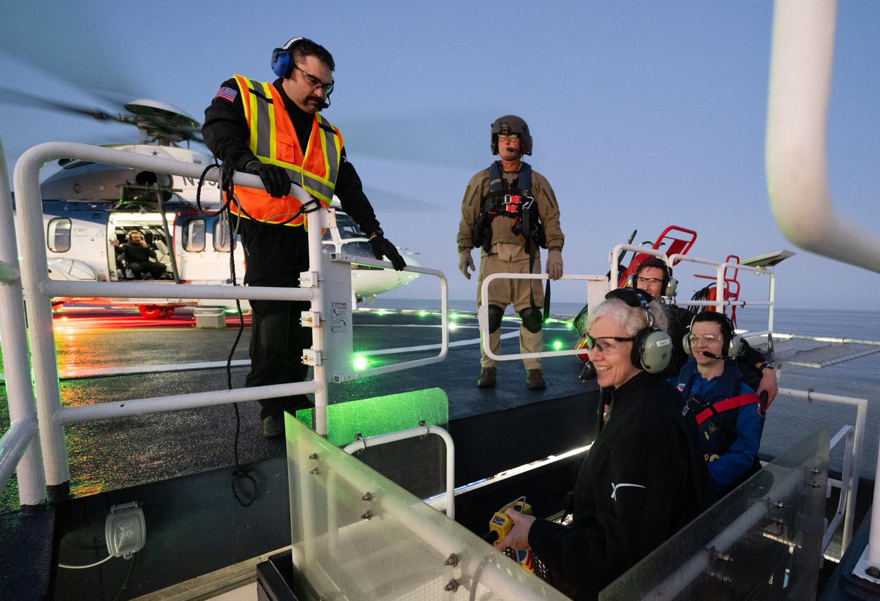 Roscosmos cosmonaut Konstantin Borisov is seen inside an elevator on the SpaceX recovery ship MEGAN that will take him up to a waiting helicopter to fly to Pensacola, Florida along with NASA astronaut Jasmin Moghbeli, ESA (European Space Agency) astronaut Andreas Mogensen, and Japan Aerospace Exploration Agency (JAXA) astronaut Satoshi Furukawa a few hours after they landed in the SpaceX Dragon Endurance spacecraft in the Gulf of Mexico of the coast of Pensacola, Florida, Tuesday, March 12, 2024. Moghbeli, Mogensen, Furukawa, and Borisov are returning after nearly six-months in space as part of Expedition 70 aboard the International Space Station. Photo Credit: (NASA/Joel Kowsky)