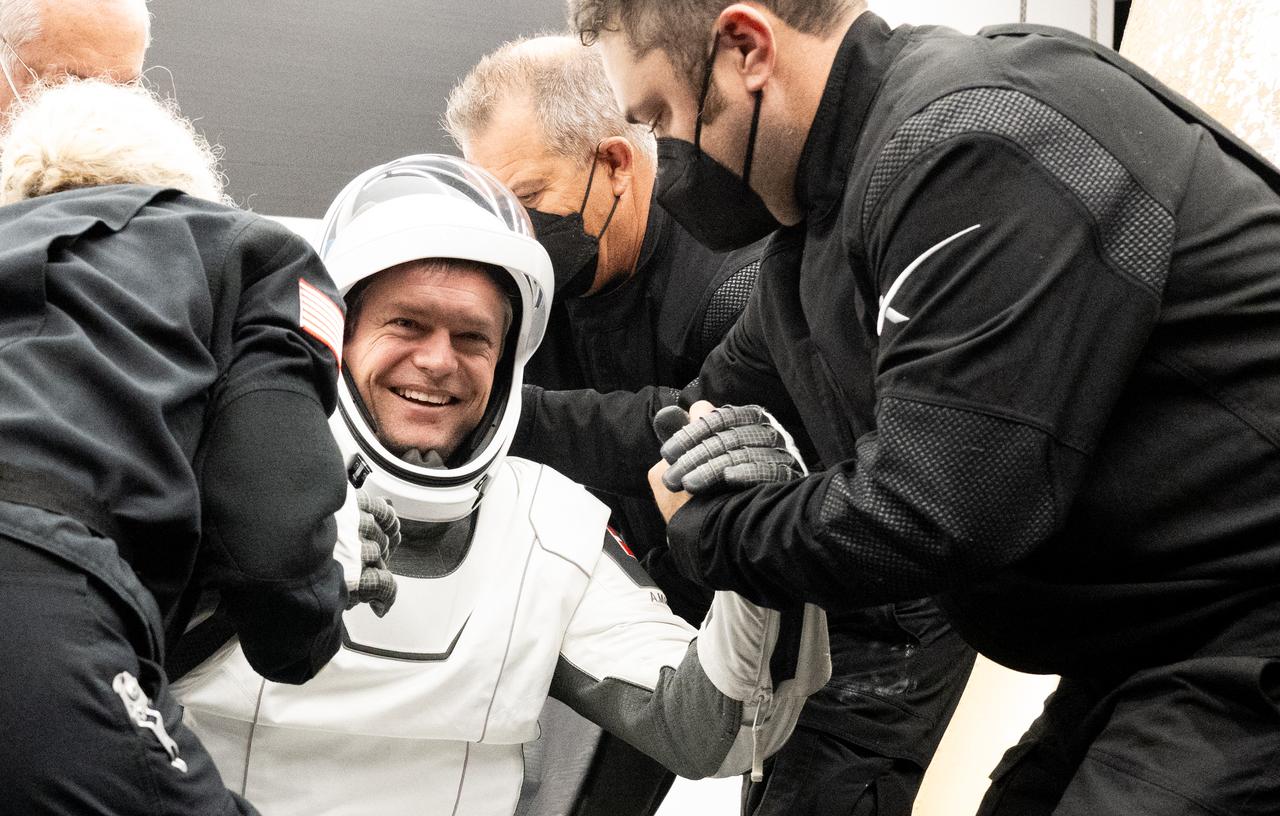 ESA (European Space Agency) astronaut Andreas Mogensen is helped out of the SpaceX Dragon Endurance spacecraft onboard the SpaceX recovery ship MEGAN after he, NASA astronaut Jasmin Moghbeli, Japan Aerospace Exploration Agency (JAXA) Satoshi Furukawa, and Roscosmos cosmonaut Konstantin Borisov landed in the Gulf of Mexico off the coast of Pensacola, Florida, Tuesday, March 12, 2024. Moghbeli, Mogensen, Furukawa, and Borisov are returning after nearly six-months in space as part of Expedition 70 aboard the International Space Station. Photo Credit: (NASA/Joel Kowsky)