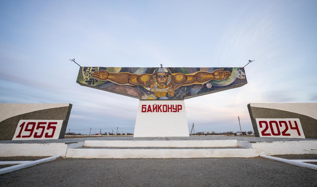 A mosaic sign welcomes visitors outside the town of Baikonur, Kazakhstan, Sunday, March 17, 2024. NASA team members arrived in Baikonur in advance of the March 21 launch of Expedition 71 crewmembers NASA astronaut Tracy Dyson, Roscosmos cosmonaut Oleg Novitskiy, and Belarus spaceflight participant Marina Vasilevskaya. Photo Credit: (NASA/Bill Ingalls)
