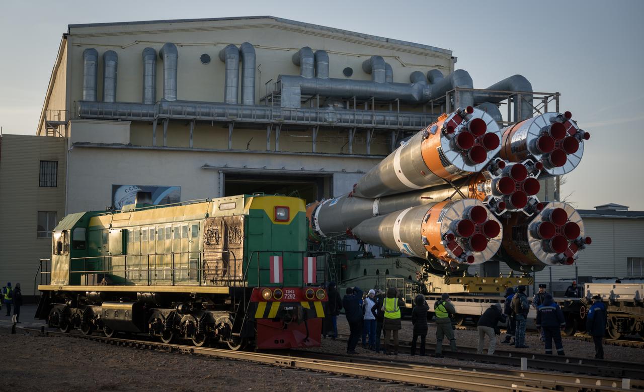 The Soyuz rocket is rolled out by train to the launch pad at Site 31, Monday, March 18, 2024, at the Baikonur Cosmodrome in Kazakhstan. Expedition 71 NASA astronaut Tracy Dyson, Roscosmos cosmonaut Oleg Novitskiy, and Belarus spaceflight participant Marina Vasilevskaya are scheduled to launch aboard their Soyuz MS-25 spacecraft on March 21. Photo Credit: (NASA/Bill Ingalls)