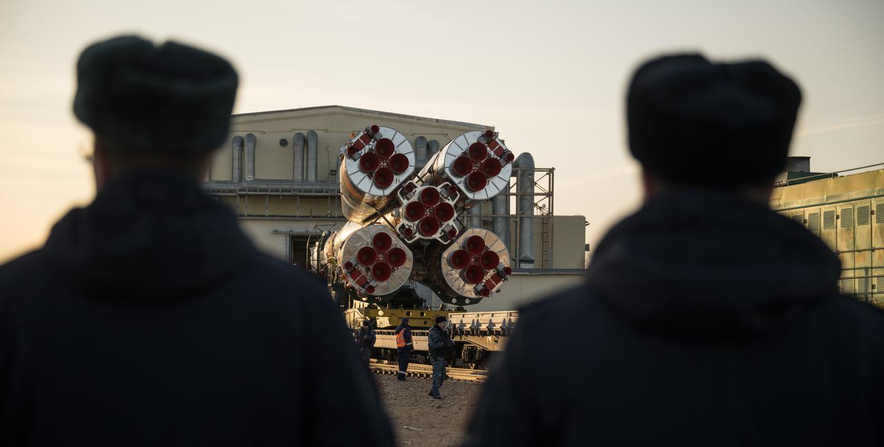 The Soyuz rocket is rolled out by train to the launch pad at Site 31, Monday, March 18, 2024, at the Baikonur Cosmodrome in Kazakhstan. Expedition 71 NASA astronaut Tracy Dyson, Roscosmos cosmonaut Oleg Novitskiy, and Belarus spaceflight participant Marina Vasilevskaya are scheduled to launch aboard their Soyuz MS-25 spacecraft on March 21. Photo Credit: (NASA/Bill Ingalls)