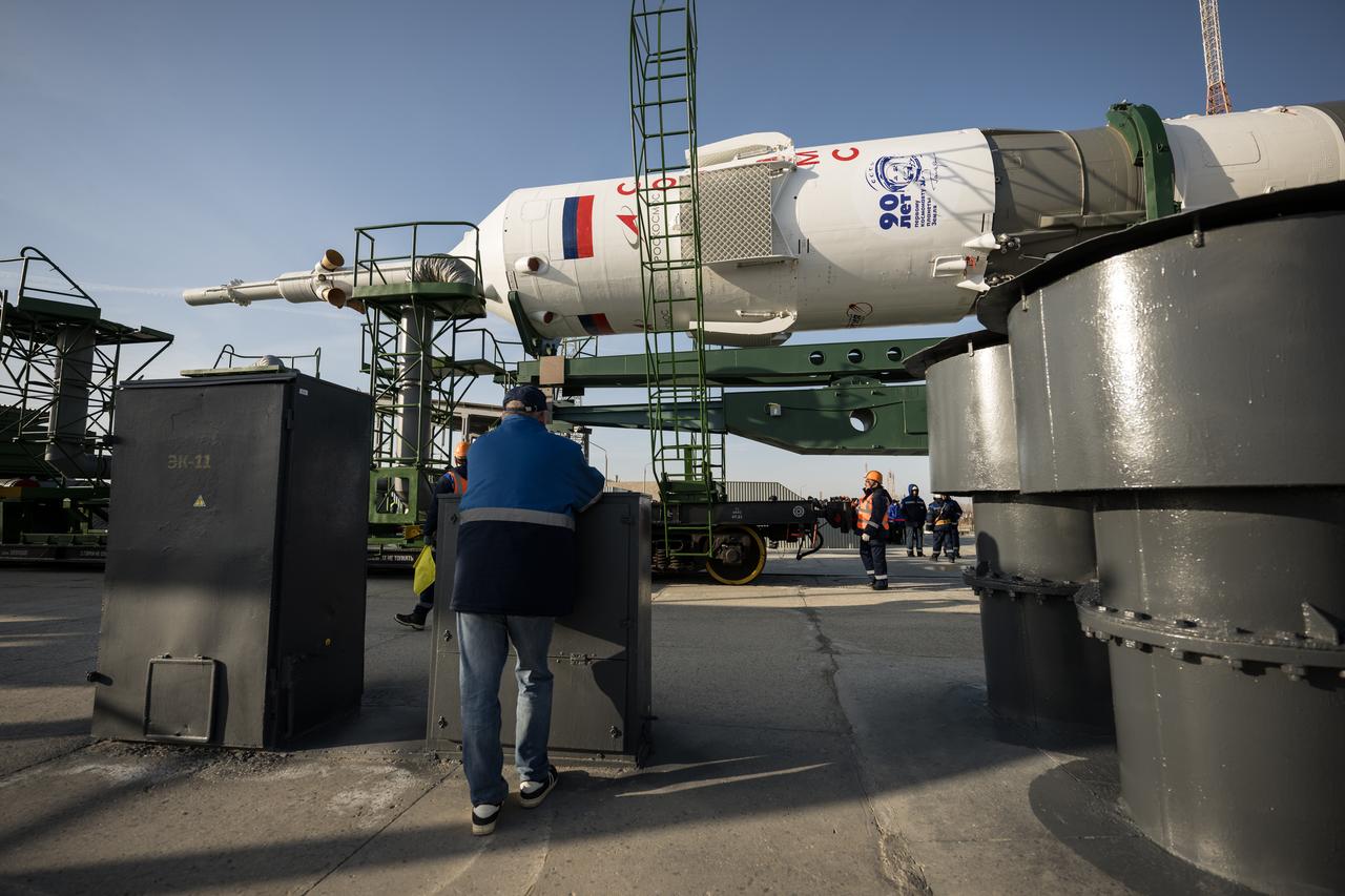 The Soyuz rocket is rolled out by train to the launch pad at Site 31, Monday, March 18, 2024, at the Baikonur Cosmodrome in Kazakhstan. Expedition 71 NASA astronaut Tracy Dyson, Roscosmos cosmonaut Oleg Novitskiy, and Belarus spaceflight participant Marina Vasilevskaya are scheduled to launch aboard their Soyuz MS-25 spacecraft on March 21. Photo Credit: (NASA/Bill Ingalls)