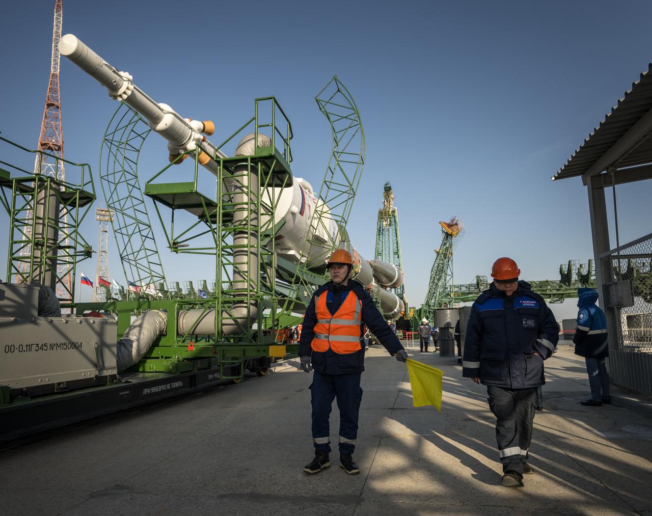 The Soyuz rocket is rolled out by train to the launch pad at Site 31, Monday, March 18, 2024, at the Baikonur Cosmodrome in Kazakhstan. Expedition 71 NASA astronaut Tracy Dyson, Roscosmos cosmonaut Oleg Novitskiy, and Belarus spaceflight participant Marina Vasilevskaya are scheduled to launch aboard their Soyuz MS-25 spacecraft on March 21. Photo Credit: (NASA/Bill Ingalls)