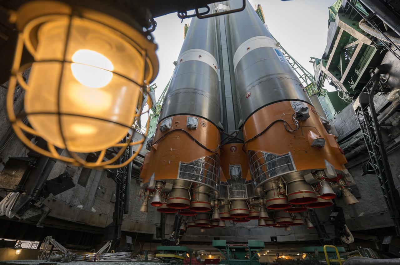 The Soyuz rocket is raised vertical Monday, March 18, 2024, at launch pad Site 31 of the Baikonur Cosmodrome in Kazakhstan. Expedition 71 NASA astronaut Tracy Dyson, Roscosmos cosmonaut Oleg Novitskiy, and Belarus spaceflight participant Marina Vasilevskaya are scheduled to launch aboard their Soyuz MS-25 spacecraft on March 21. Photo Credit: (NASA/Bill Ingalls)