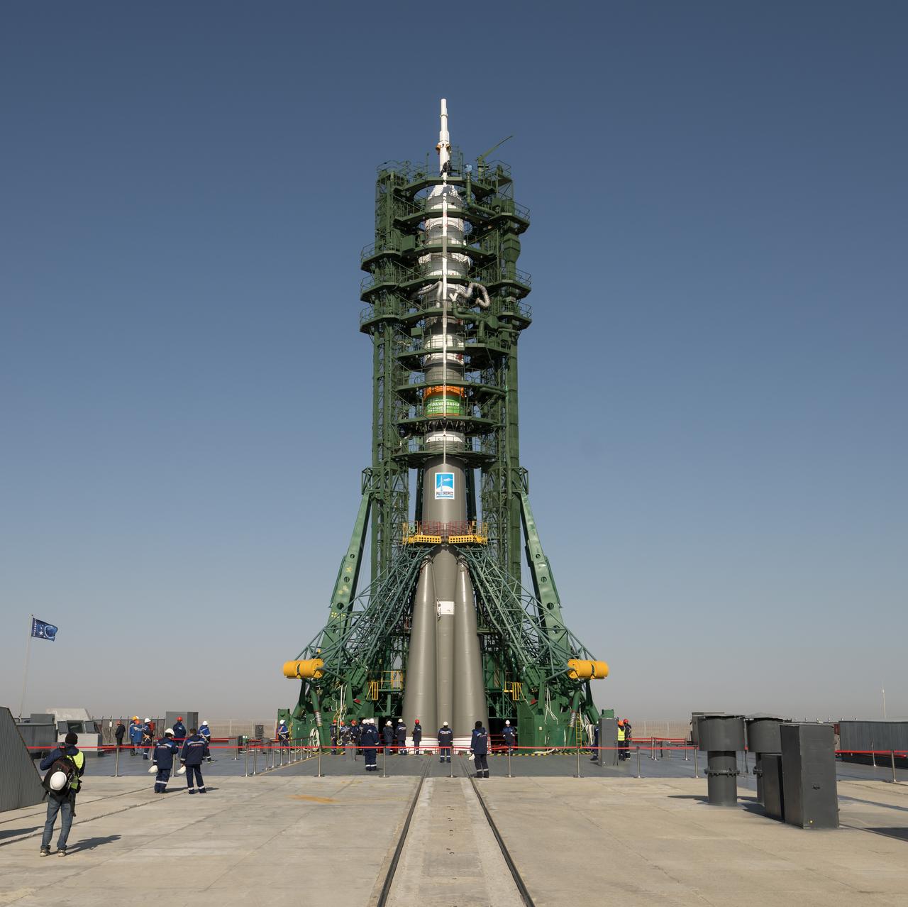 The Soyuz rocket is seen shortly after having been rolled out to launch pad at Site 31, Monday, March 18, 2024, at the Baikonur Cosmodrome in Kazakhstan. Expedition 71 NASA astronaut Tracy Dyson, Roscosmos cosmonaut Oleg Novitskiy, and Belarus spaceflight participant Marina Vasilevskaya are scheduled to launch aboard their Soyuz MS-25 spacecraft on March 21. Photo Credit: (NASA/Bill Ingalls)
