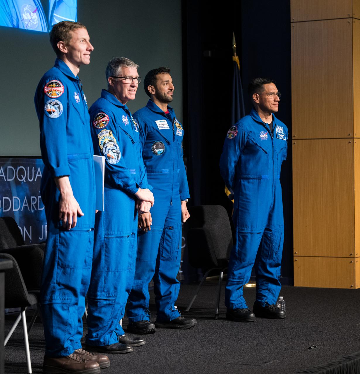 NASA astronauts Warren Hoburg and Stephen Bowen, UAE (United Arab Emirates) astronaut Sultan Alneyadi and NASA astronaut Frank Rubio, arrive at an employee engagement event to speak about their time onboard the International Space Station as part of Expedition 69, Tuesday, March 19, 2024, at the Mary W. Jackson NASA Headquarters building in Washington. Bowen, Hoburg, and Alneyadi spent 186 days aboard the International Space Station as part of Expedition 69; while Rubio set a new record for the longest single spaceflight by a U.S. astronaut, spending 371 days in orbit on an extended mission spanning Expeditions 68 and 69. Photo Credit: (NASA/Aubrey Gemignani)