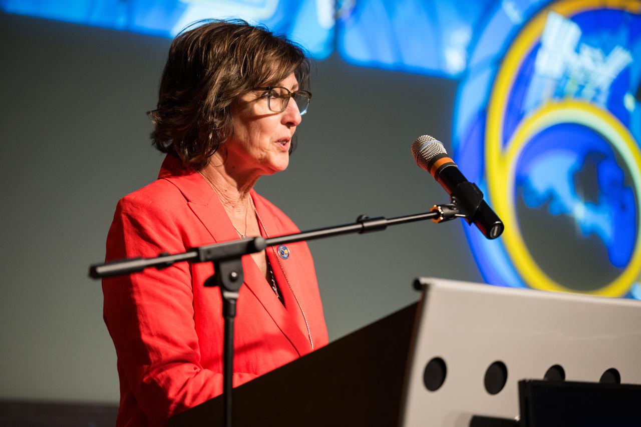 NASA Director of the International Space Station, Robyn Gatens, provides opening remarks at an employee engagement event where NASA astronauts Stephen Bowen, Warren Hoburg, and Frank Rubio, and UAE (United Arab Emirates) astronaut Sultan Alneyadi spoke about their time aboard the International Space Station as part of Expedition 69, Tuesday, March 19, 2024, at the Mary W. Jackson NASA Headquarters building in Washington. Bowen, Hoburg, and Alneyadi spent 186 days aboard the International Space Station as part of Expedition 69; while Rubio set a new record for the longest single spaceflight by a U.S. astronaut, spending 371 days in orbit on an extended mission spanning Expeditions 68 and 69. Photo Credit: (NASA/Aubrey Gemignani)